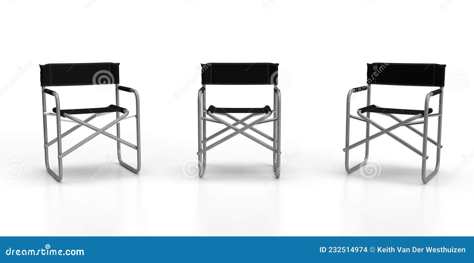 Directors Chairs D Render Three Aluminum Constructed Folding Black Seat Material Back Rests Stitch Lines Isolated 232514974 