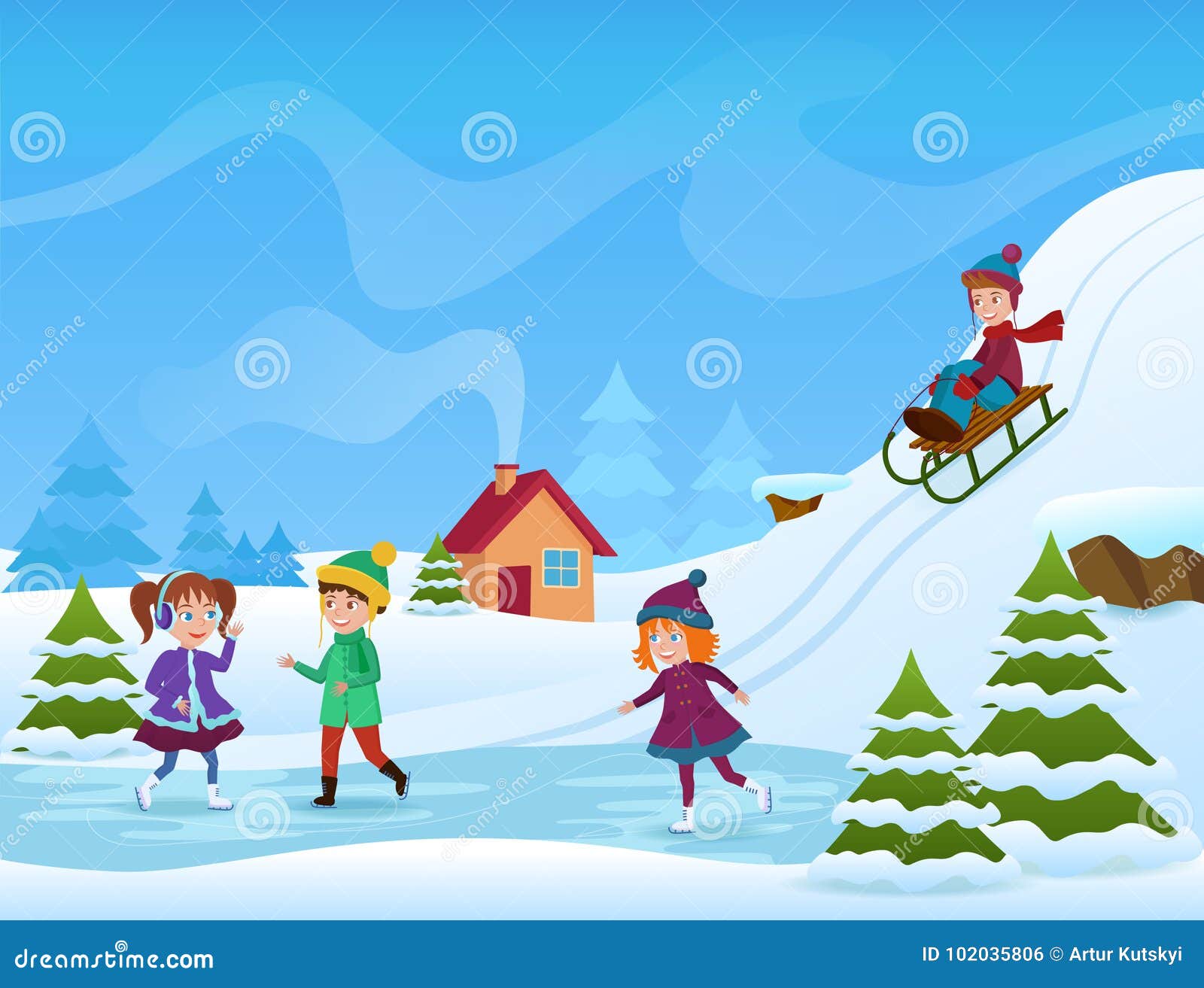 Dirigez l'illustration du patinage de glace gai d'enfants et de sledging en hiver Carte de holifays d'hiver