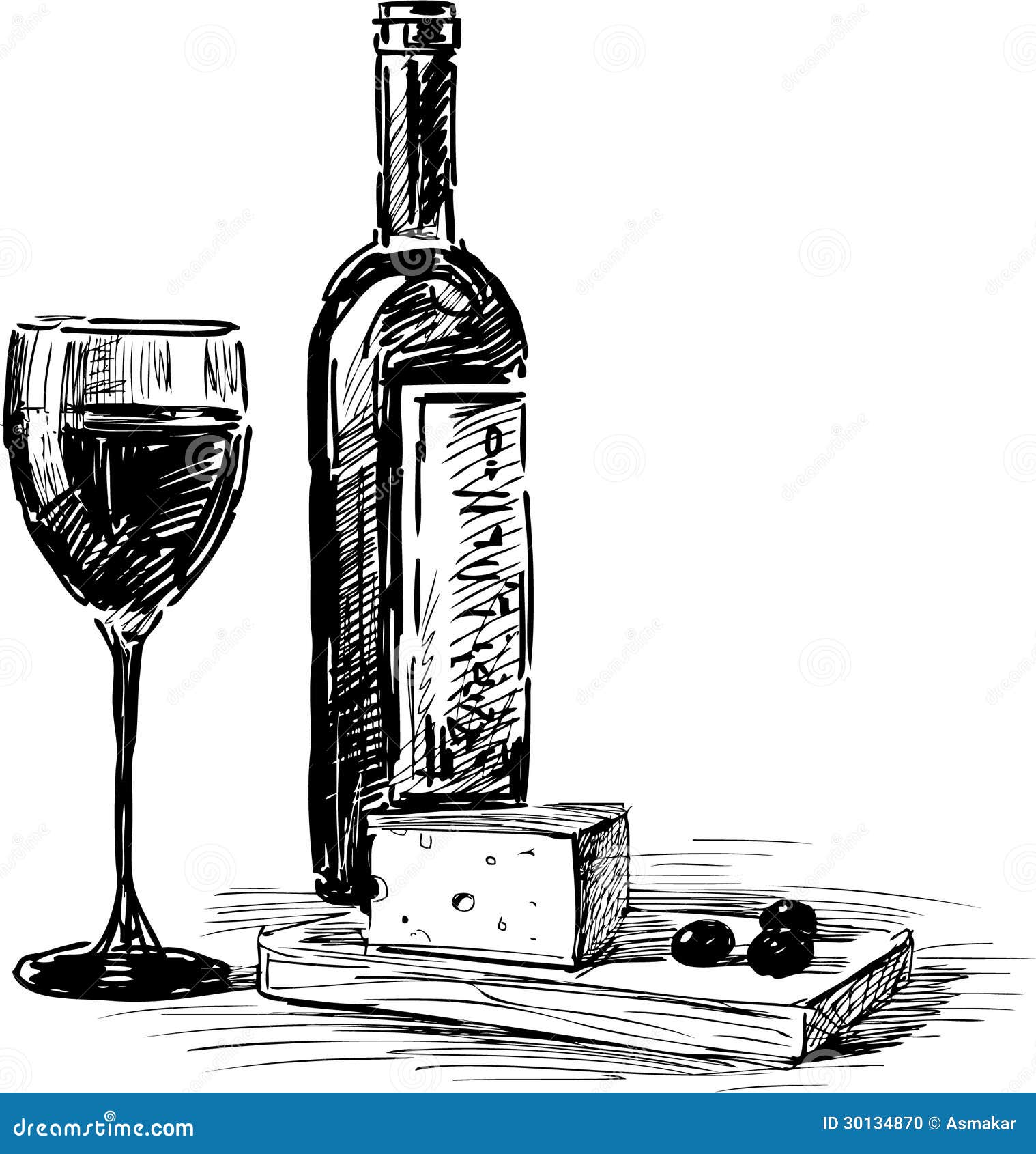 dirigez le dessin d une bouteille de vin de raisin avec un verre et un fromage 30134870