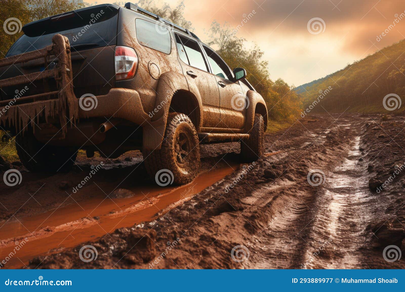 a dirt covered suv conquers a rural road with its offroad tires