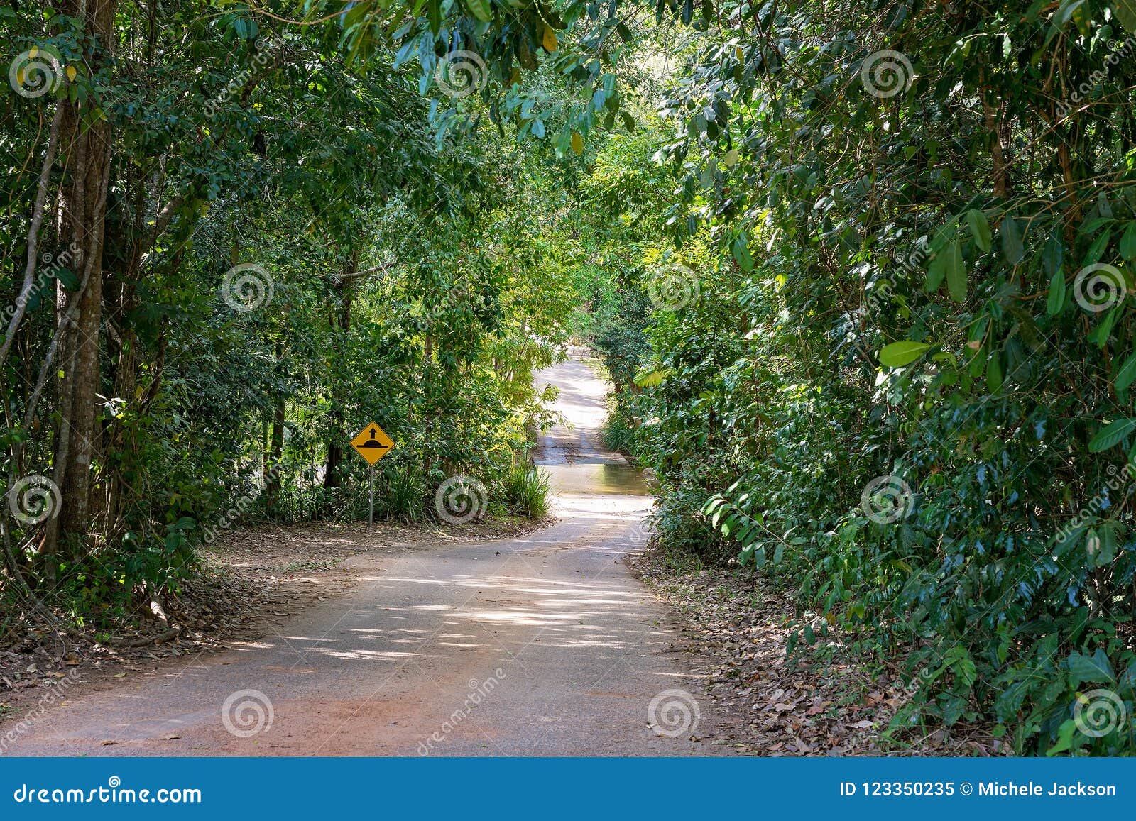 Dirt Road Leading Down To A Causeway Over A Creek. Lonely dirt road over a small creek that floods in a National Park