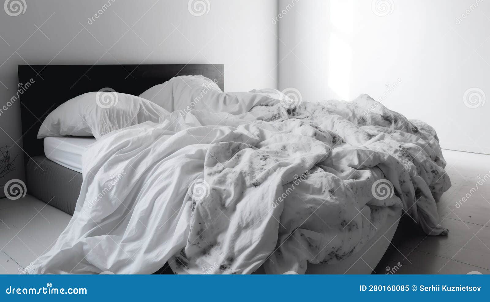 Dirty Bed in Bedroom with Mattress and Sheets Not Cleaned, Mess. AI