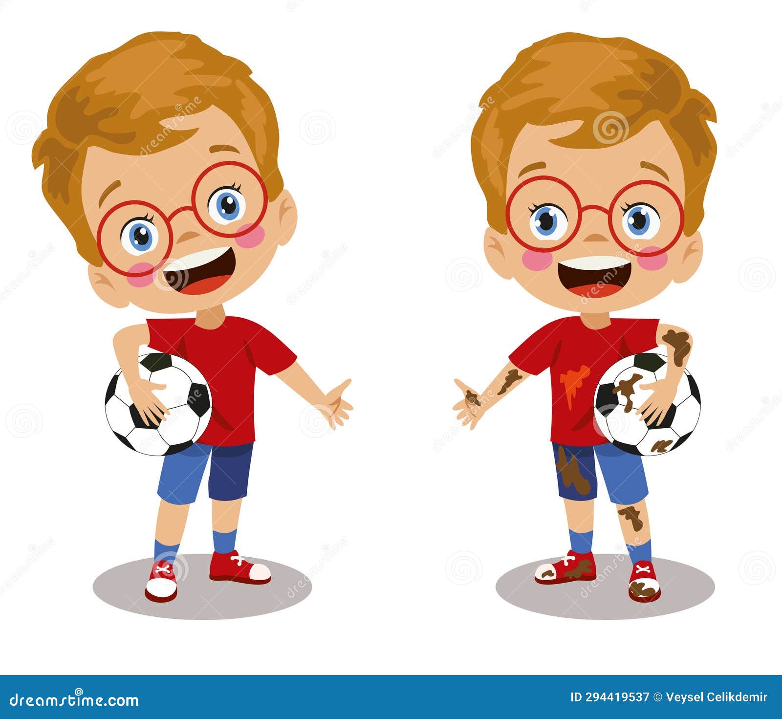 Dirty Clean Comparison Dirty Boy Playing Football Stock Vector