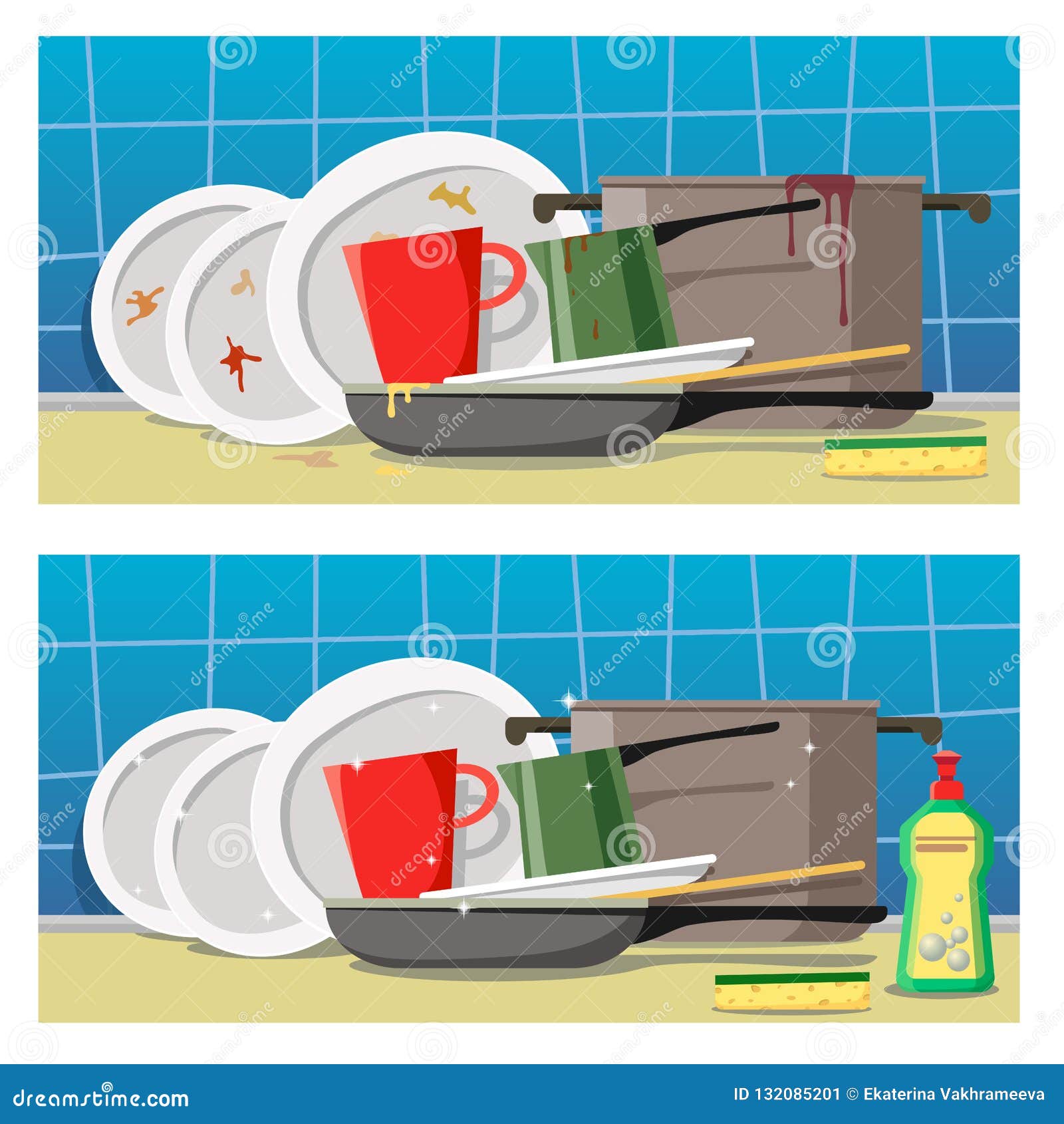 Dirty Dishes with a Sponge and Clean Dishes with a Sponge and Cleaning