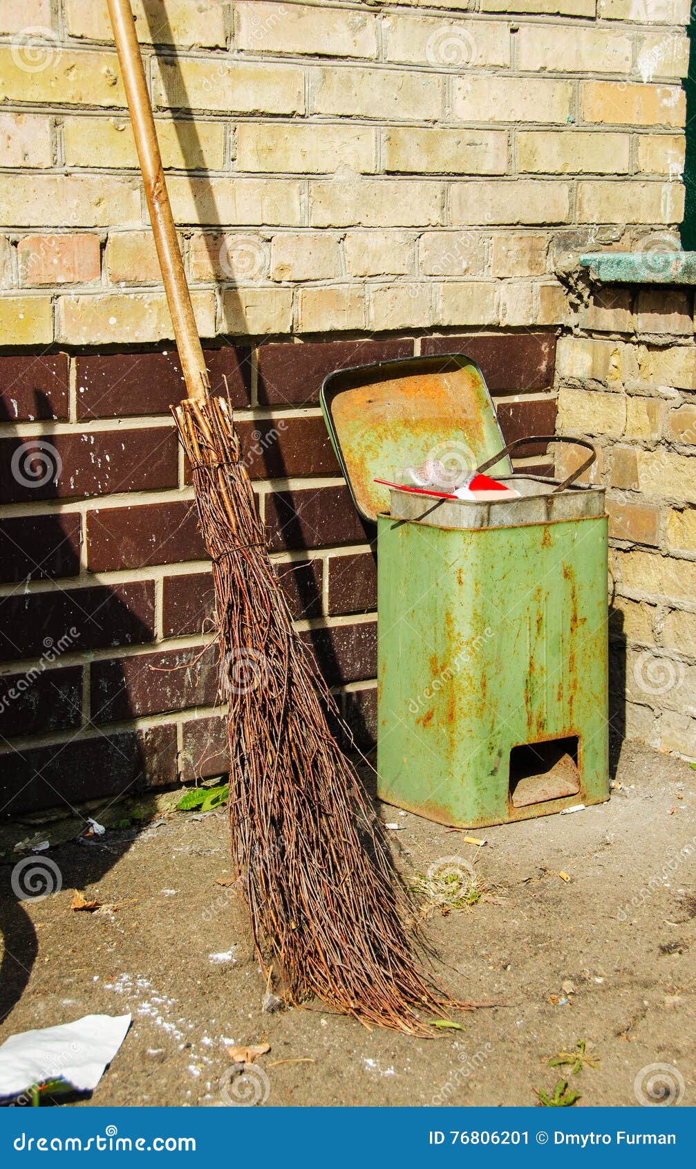 Dirty Dustbin and Broom Near a Wall. Stock Image Image of junk, chore