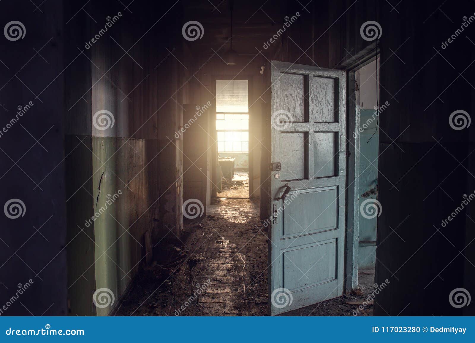 Dirty Empty Dark Corridor In Abandoned Building Doors Light In