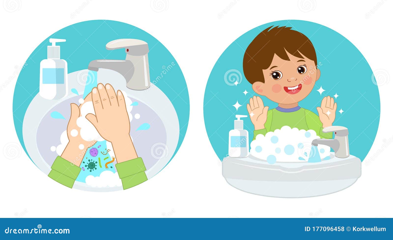 dirty hands, clear hands, before and after. hand hygiene  icons in the circle. wash you hands banner for kids.