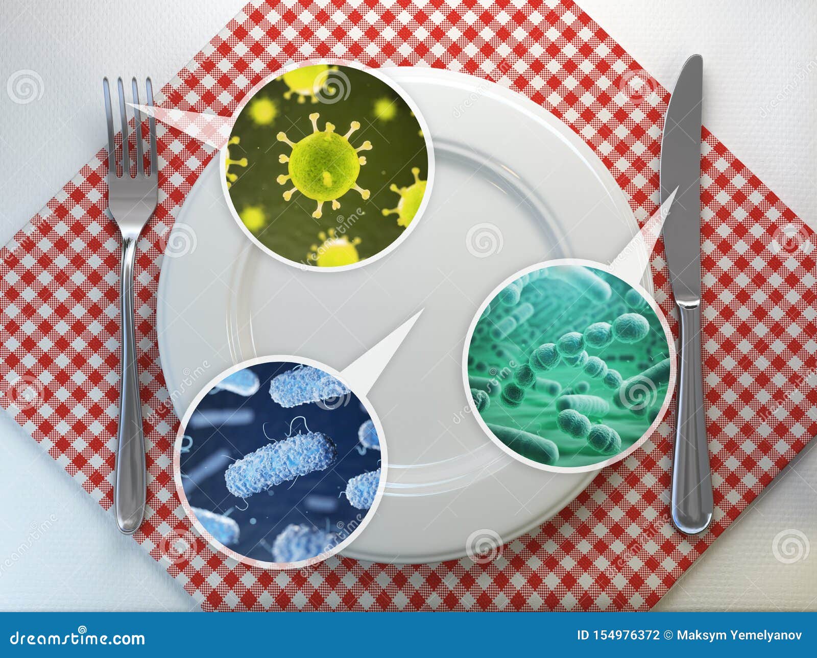 dirty kitchen utensils  and food bactery concept. utensils plate, fork and spoon with bacteries and viruses