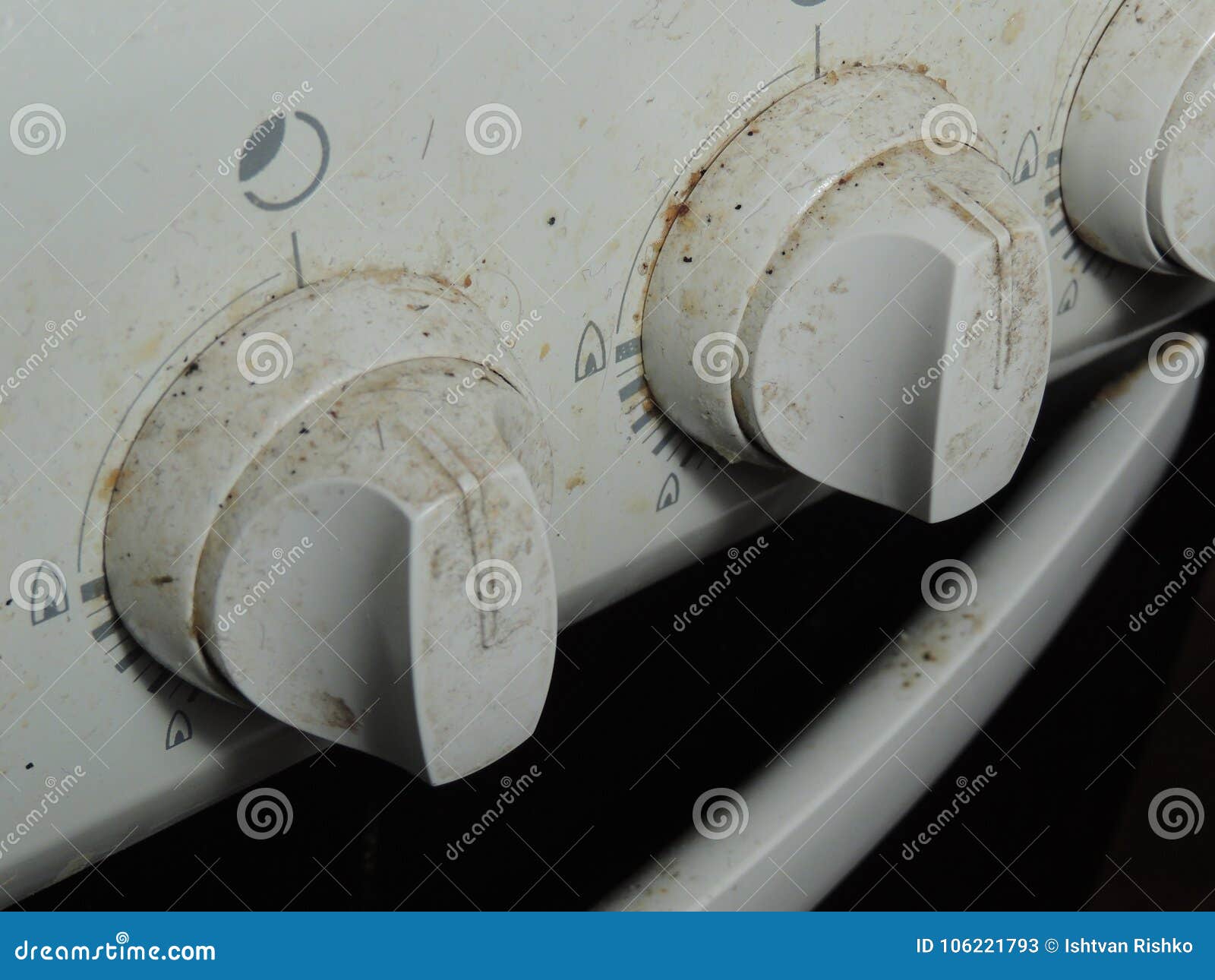 Dirty knobs of a gas stove stock image. Image of close 106221793