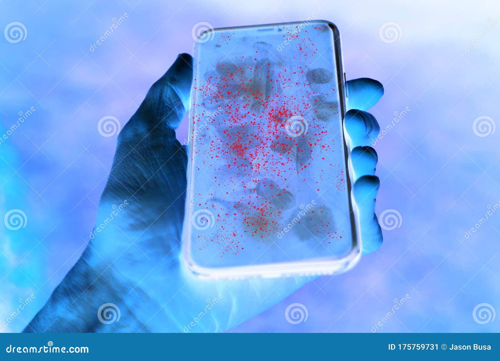 dirty phone screen with invisible germs shown in contrast