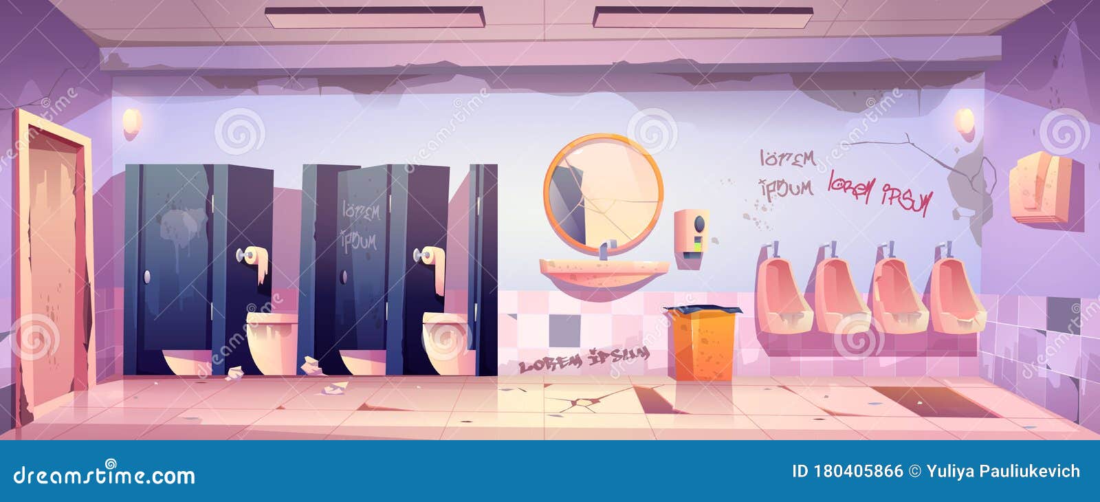 Dirty Public Restroom With Messy Toilet Bowls Vector Illustration