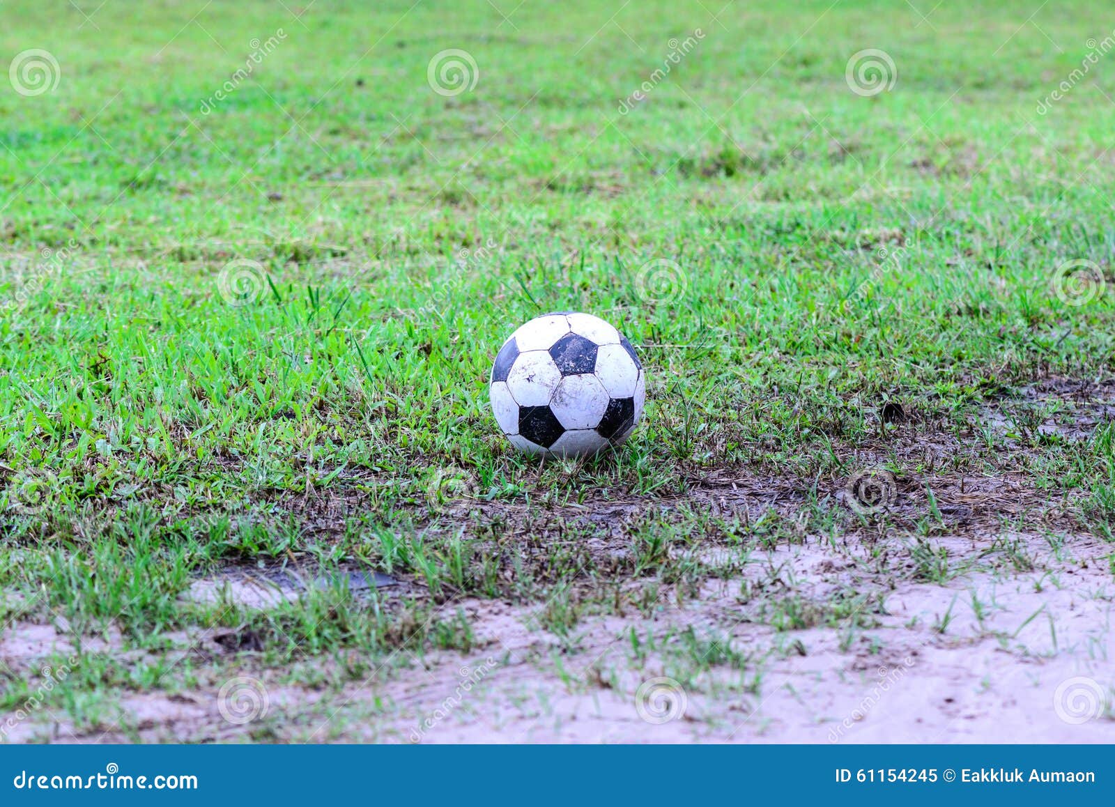 dirty soccer ball in wet field