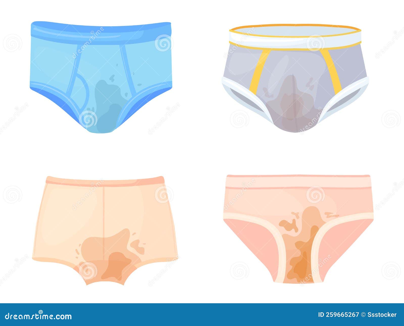 Dirty Underwear. Mens and Womens Underpants with Urinal Stains, Wet Panties  Dirt Hygiene Shorts Stinky Pants Mud Bikini Stock Vector - Illustration of  household, isolated: 259665267