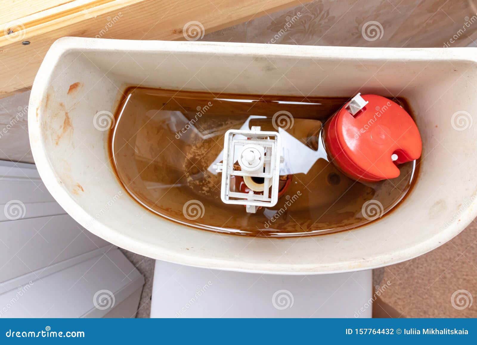Dirty Unhygienic Rusty and Calcified Flush Tank of Toilet with
