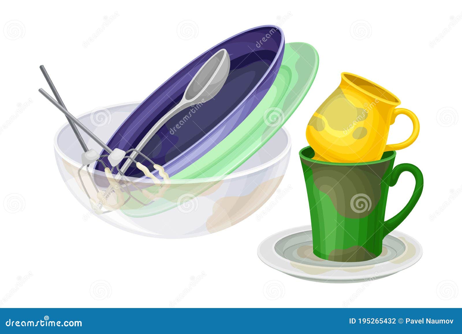 Dirty Utensils and Dishes Piled for Washing Up Vector Illustration