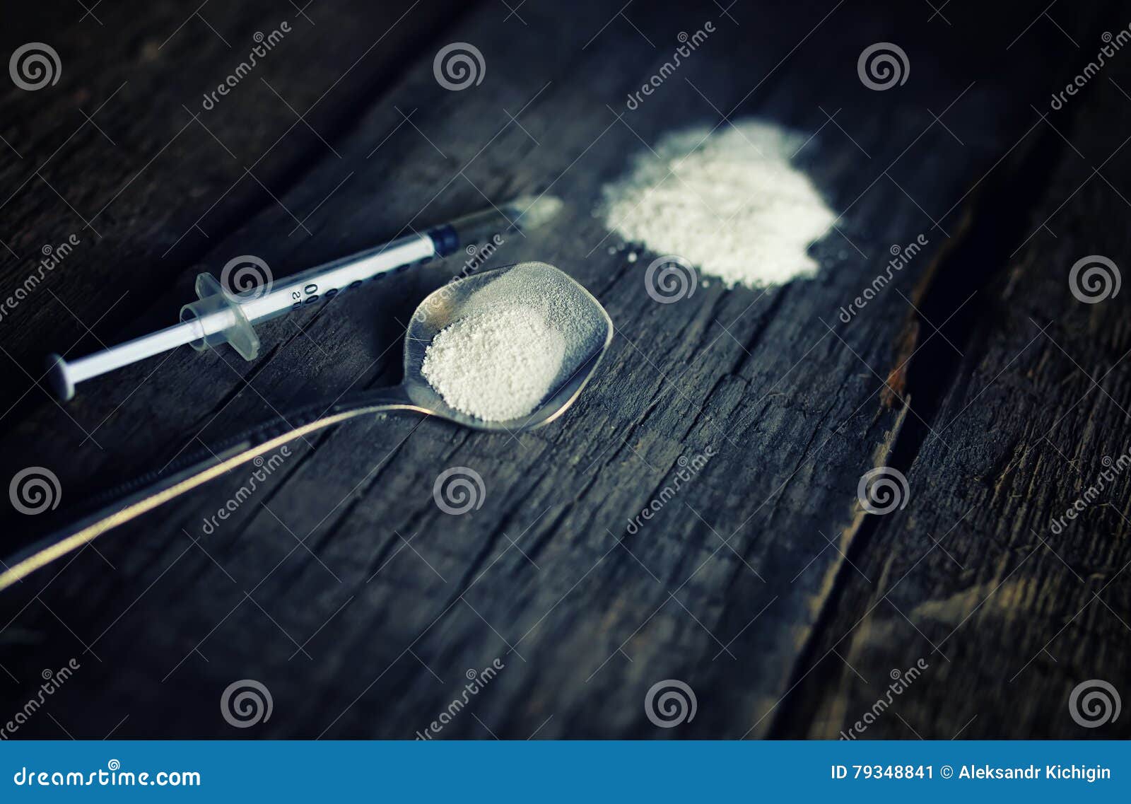 Dirty Wooden Floor with Drug Syringe Spoon Cocain Stock Image