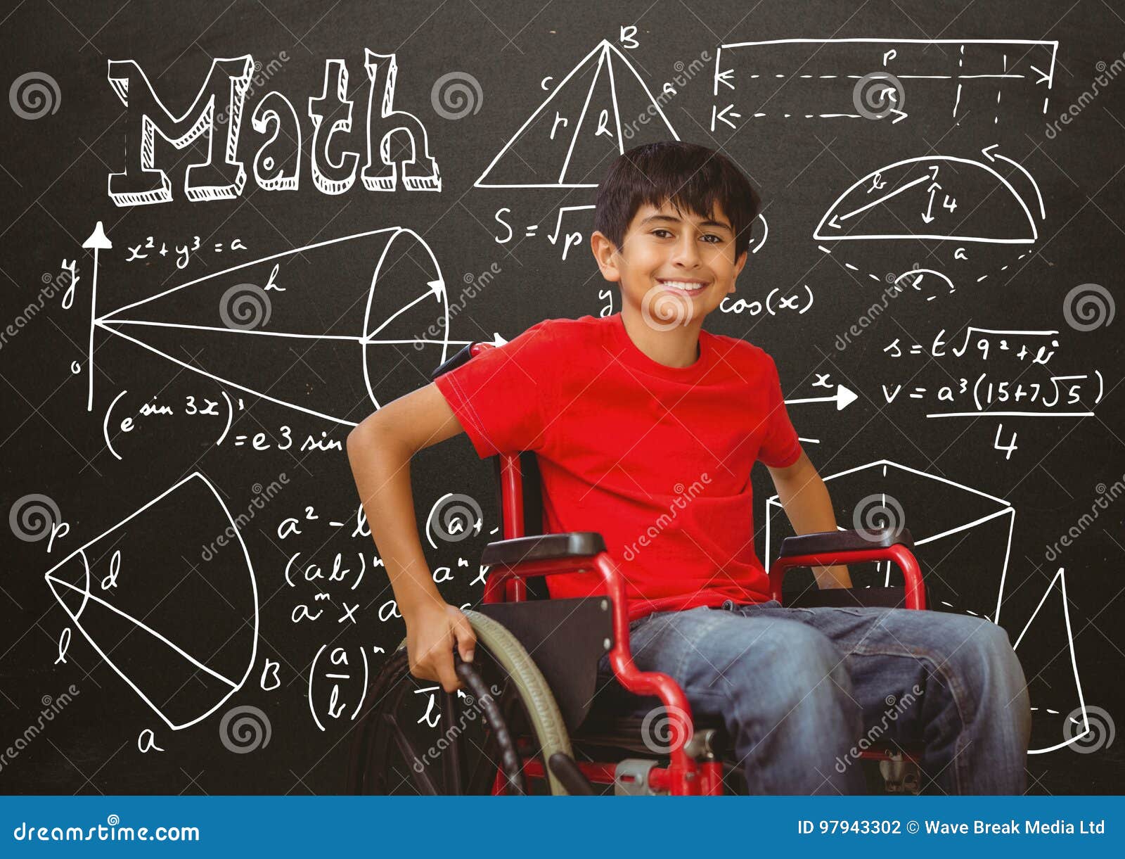 Disabled Boy in Wheelchair in Front of Blackboard with Math Equations