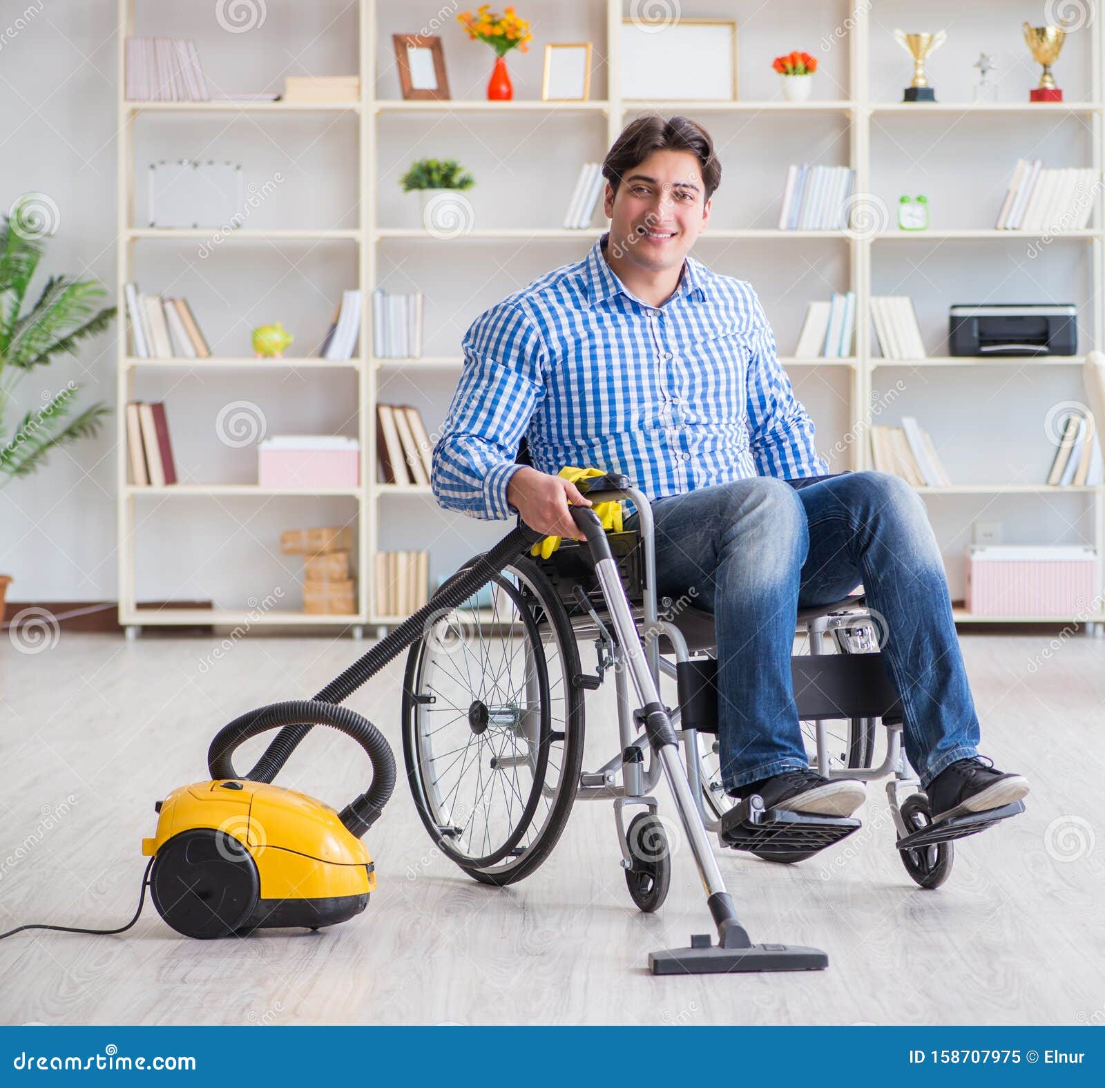 Disabled Man Cleaning Home with Vacuum Cleaner Stock Image Image of