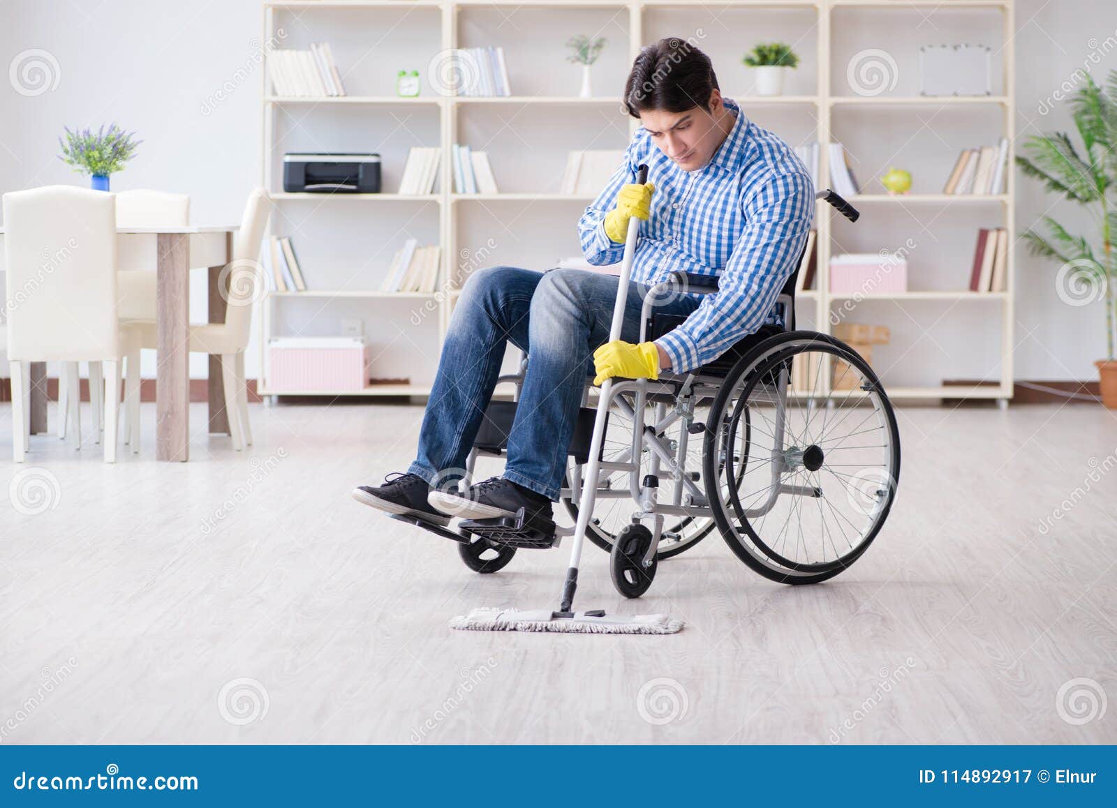 The Disabled Man on Wheelchair Cleaning Home Stock Image Image of