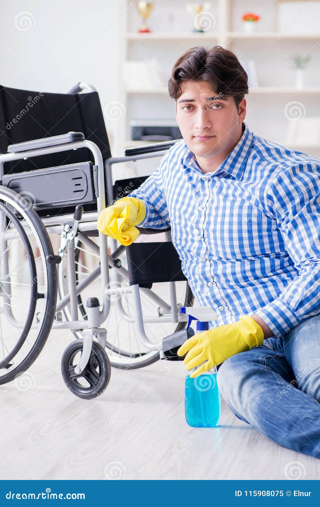 The Disabled Man on Wheelchair Cleaning Home Stock Image Image of
