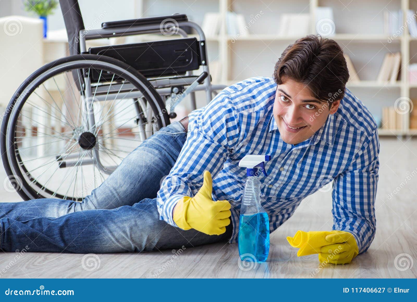 The Disabled Man on Wheelchair Cleaning Home Stock Image Image of