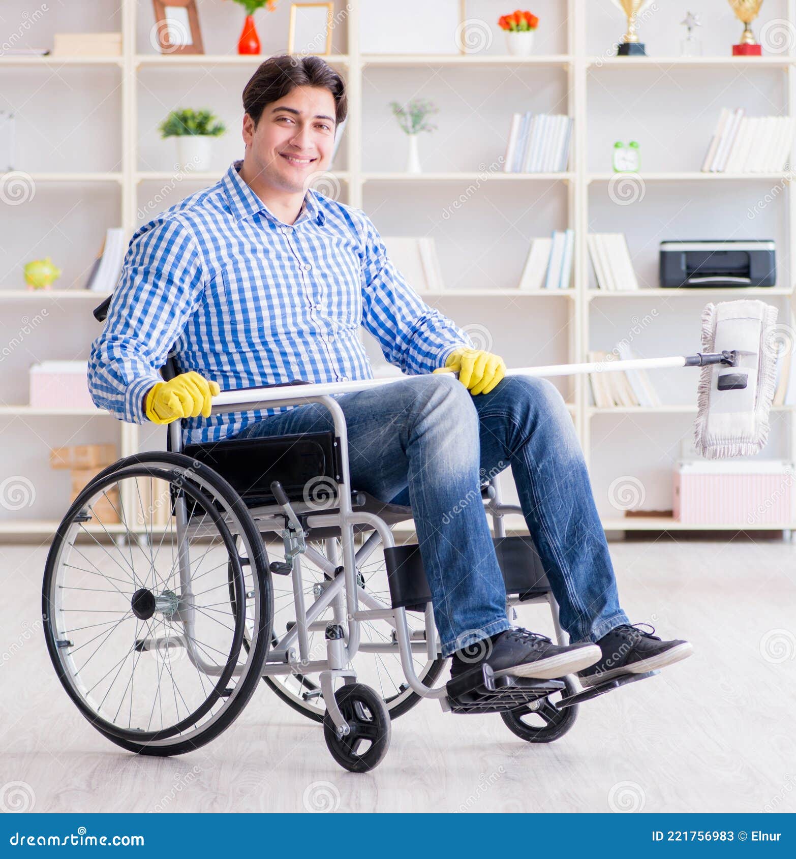Disabled Man on Wheelchair Cleaning Home Stock Image Image of