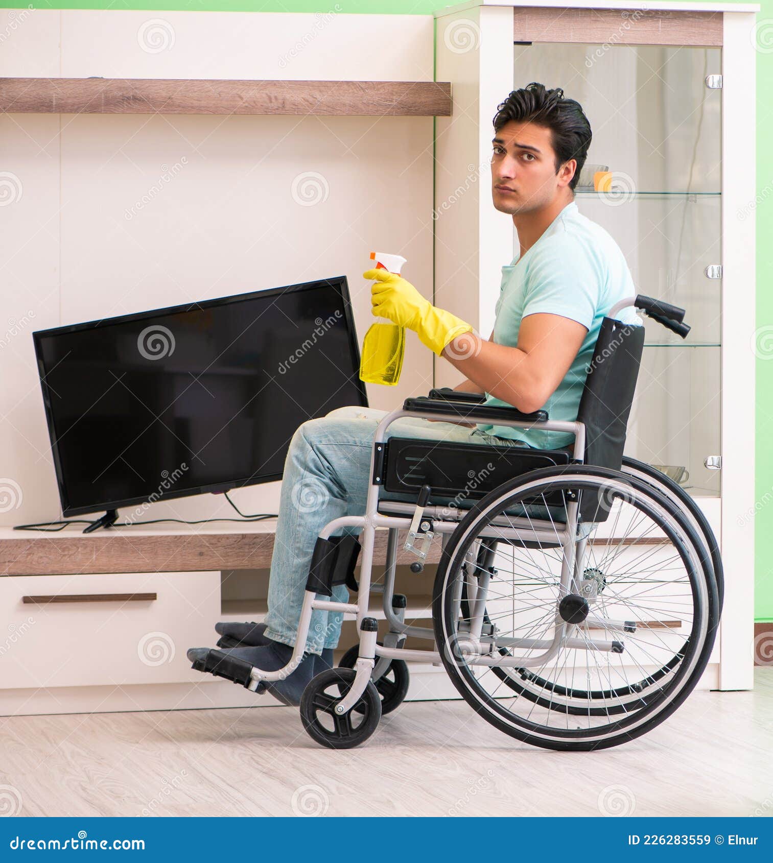 Disabled Man on Wheelchair Cleaning House Stock Image Image of