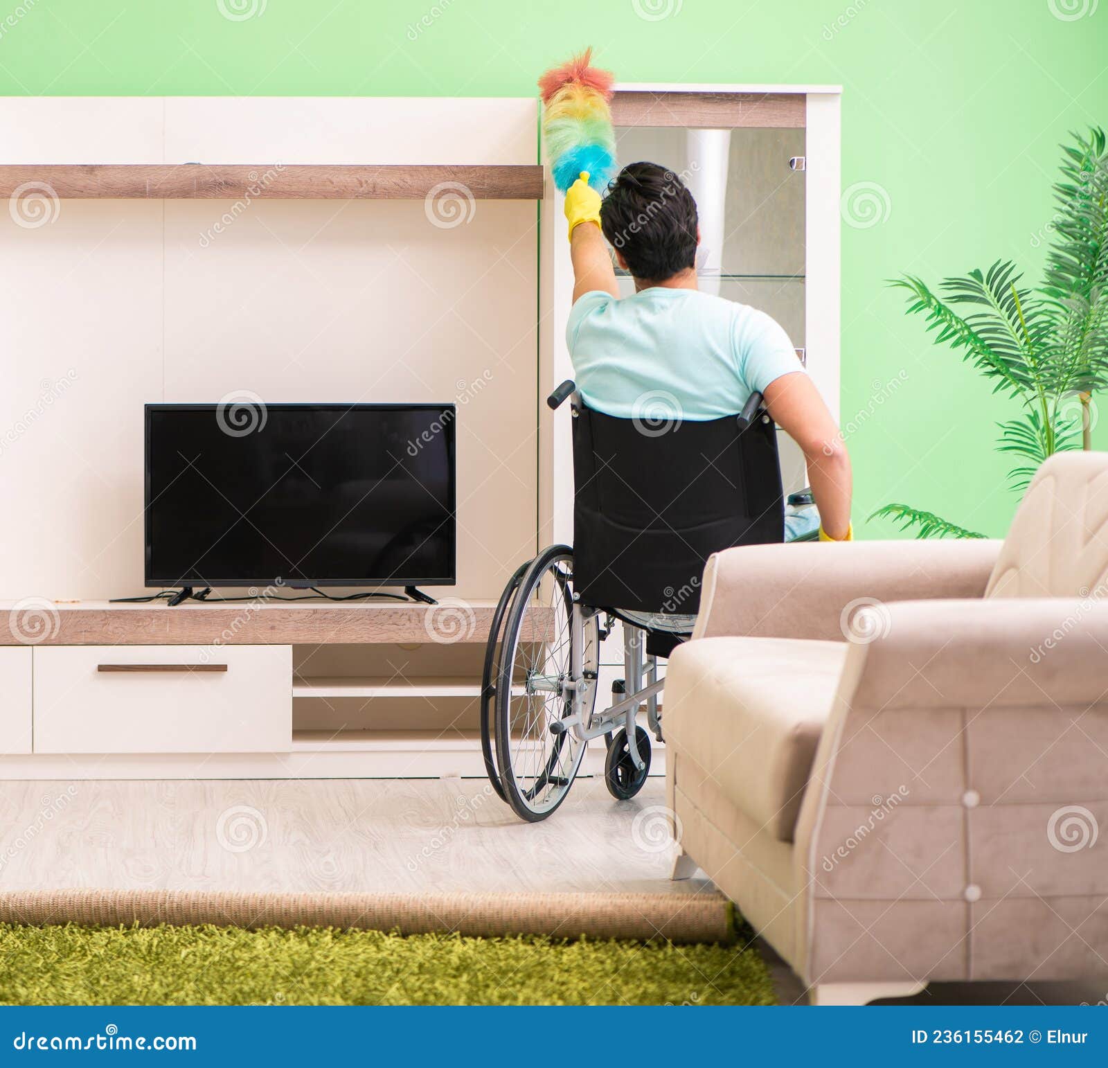 Disabled Man on Wheelchair Cleaning House Stock Photo Image of