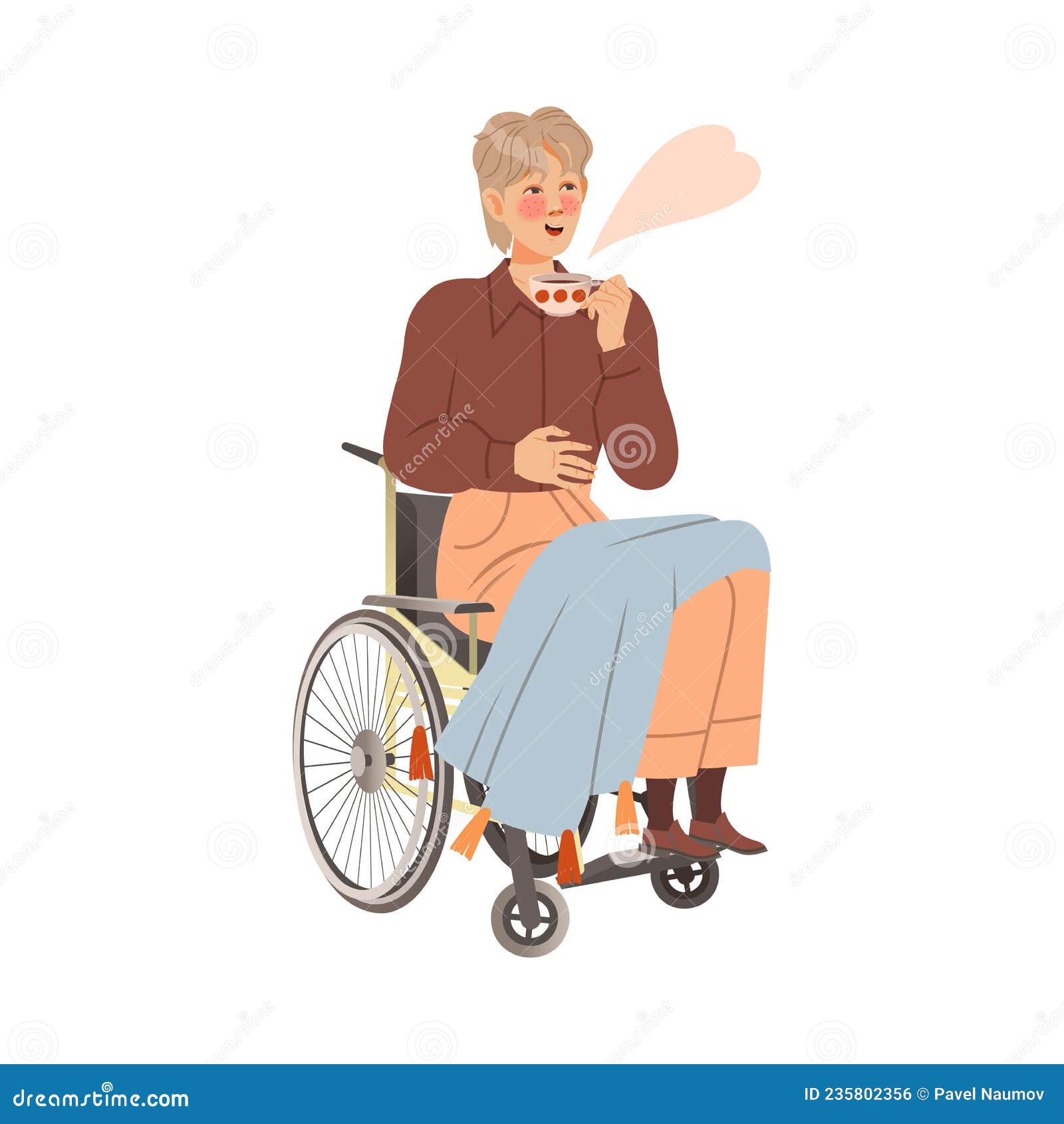 Disabled Man in Wheelchair Drinking Tea Vector Illustration on White ...