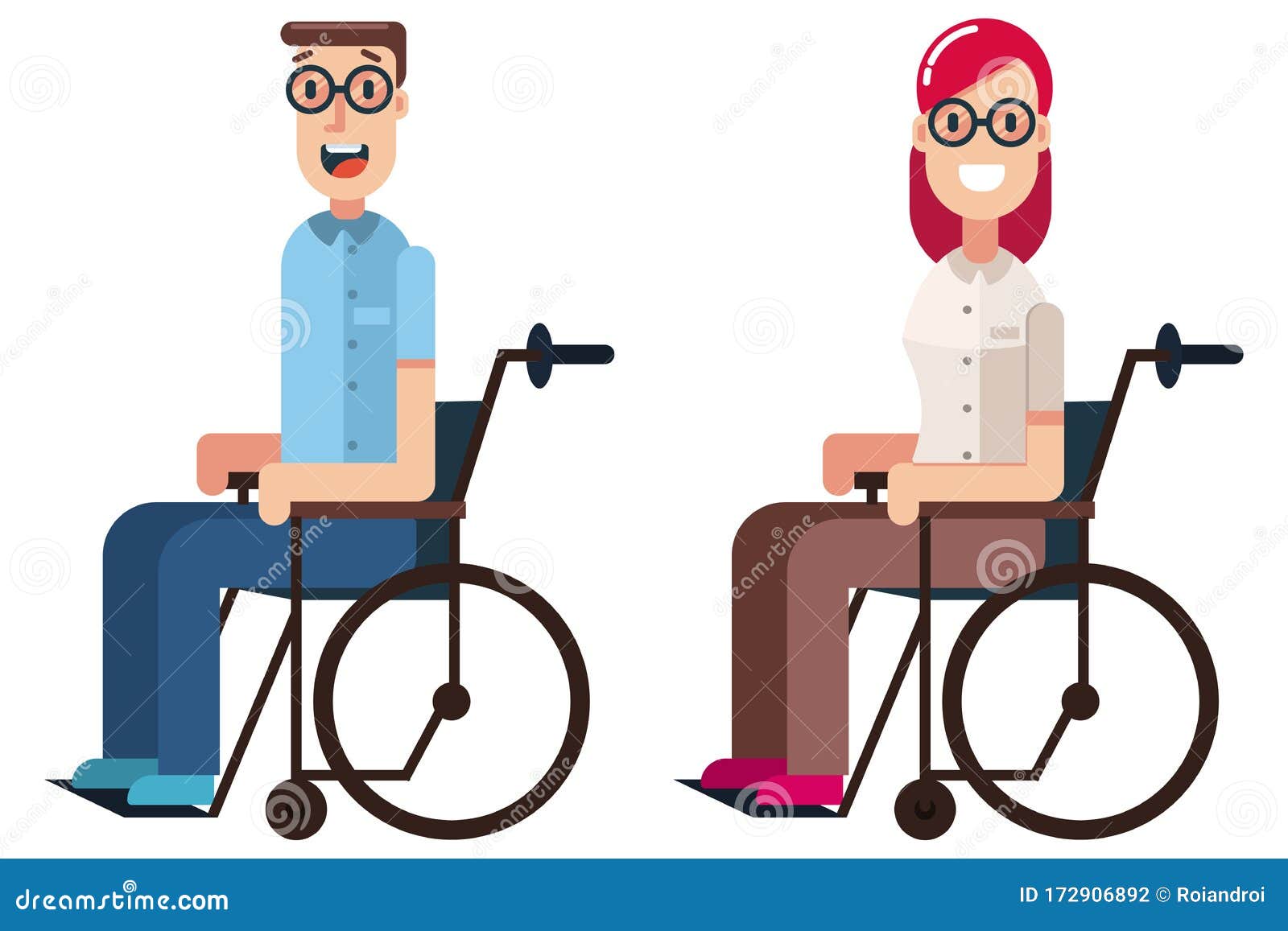 Cute Young Couple Man Woman Disabilities Sit Wheelchairs Gadgets Handicapped  Stock Vector by ©olga1818 406541122