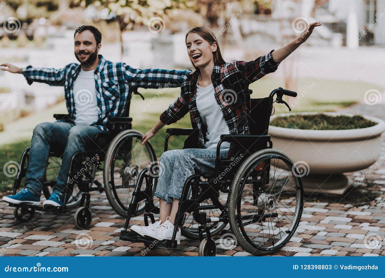 Disabled People on Wheelchairs Have Fun in Park. Stock Image - Image of ...