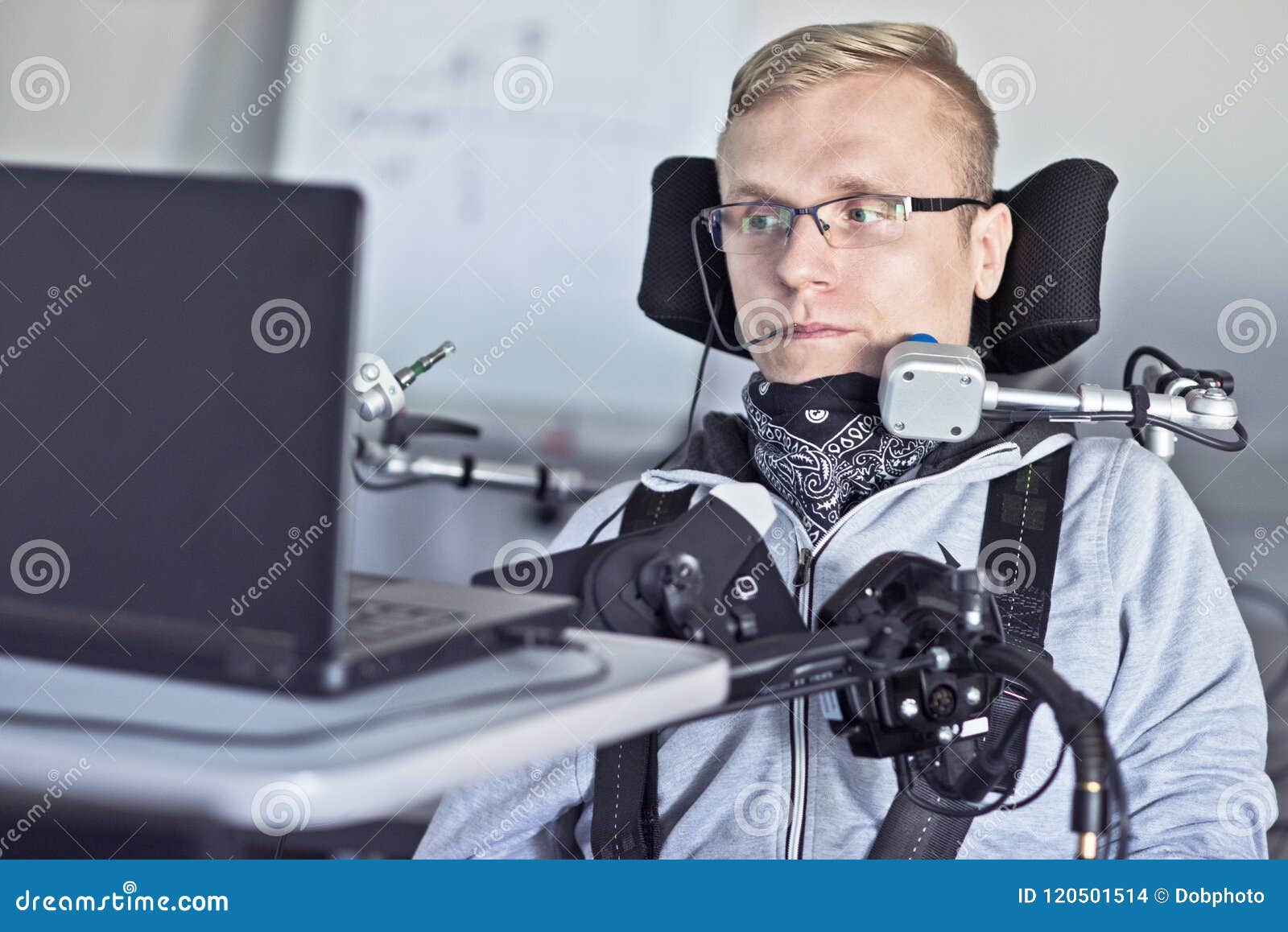 disabled student working with his computer.