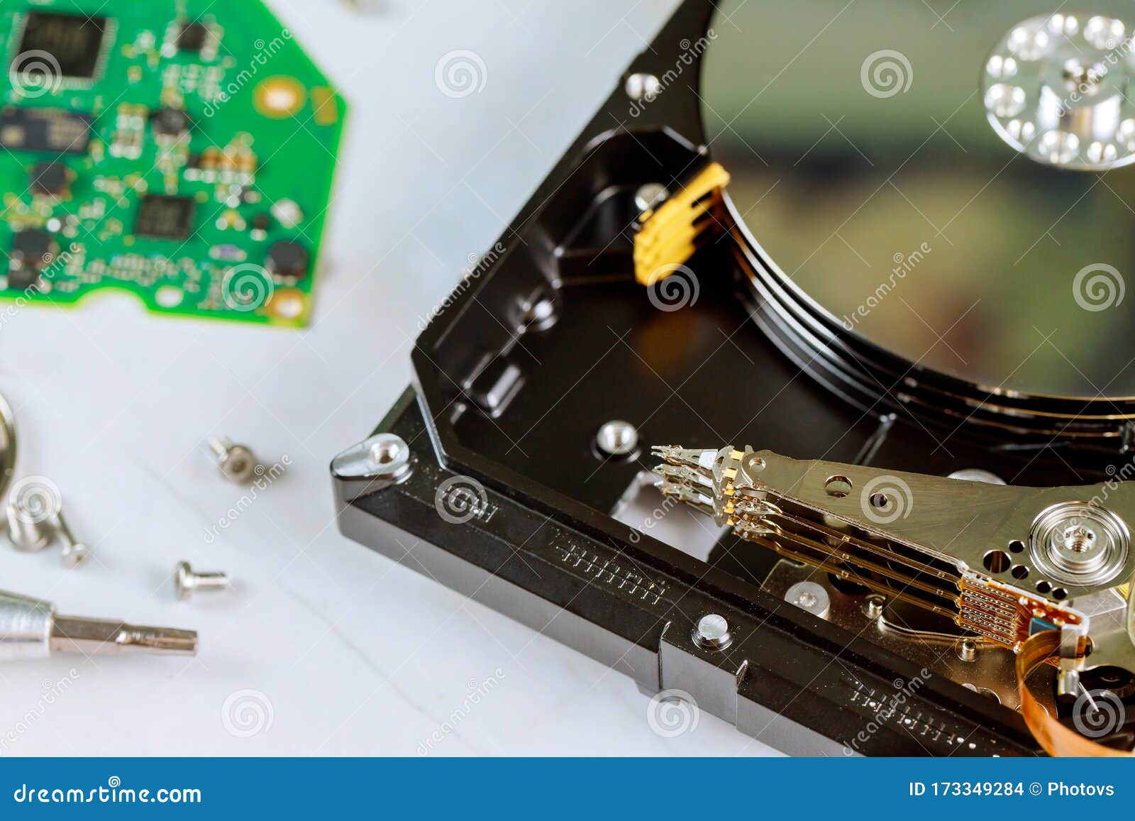 Disassembled a Broken Hard Disk Drive To Repair Center Stock Photo