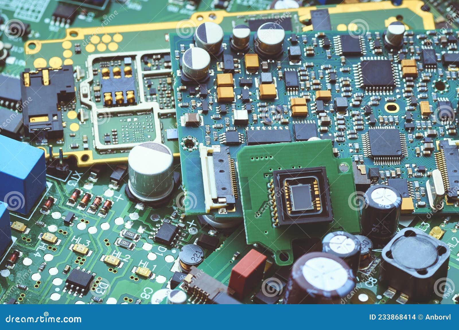 Disassembled Electronic Boards with Chips, Electronic Components and