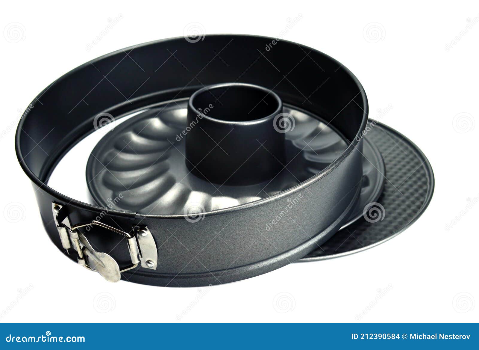 Disassembled Round Metal Baking Dish with Nonstick Coating Isolated on White Stock Photo