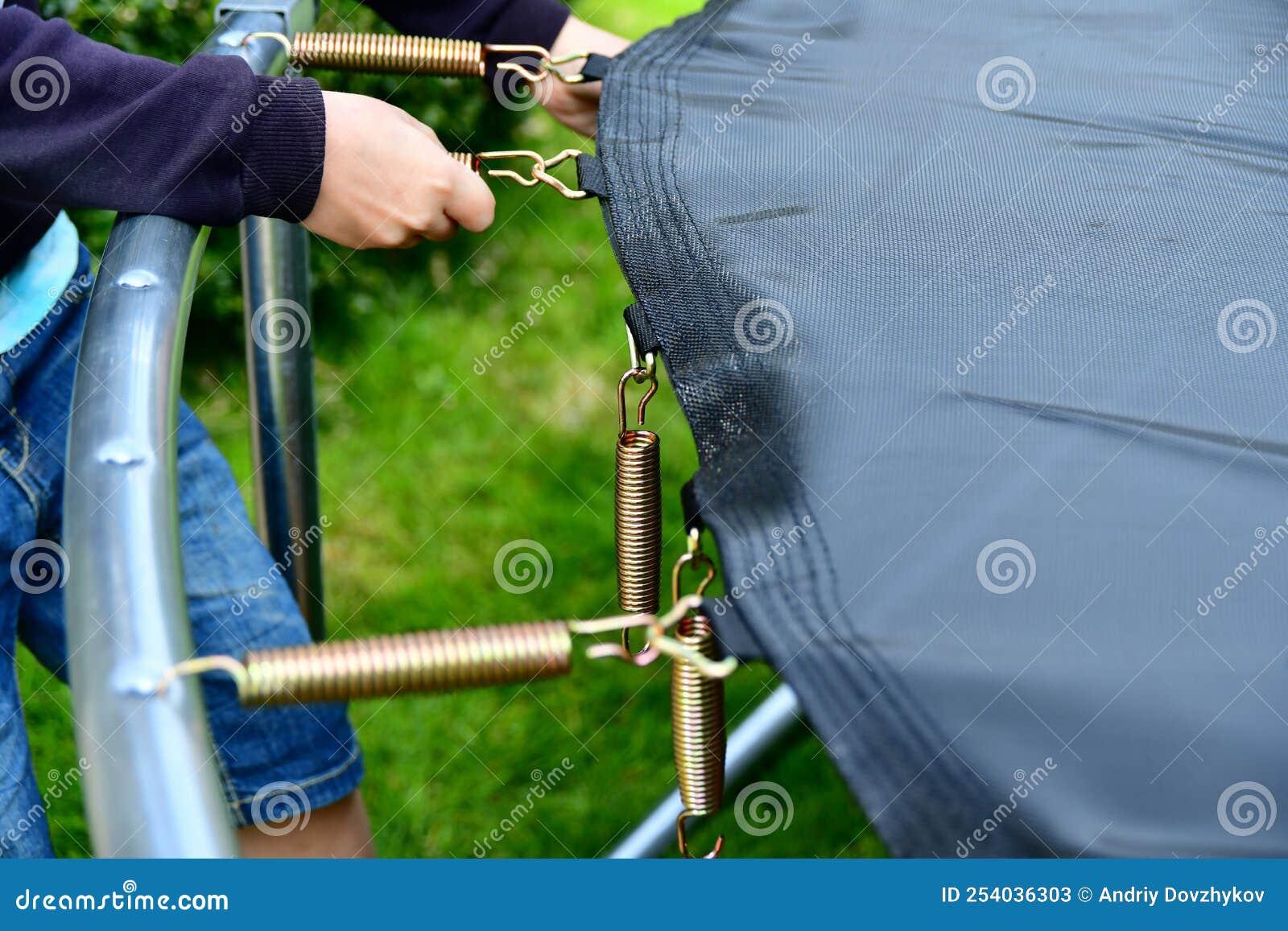 Disassembled Trampoline in the Yard after Purchase. Assembly and
