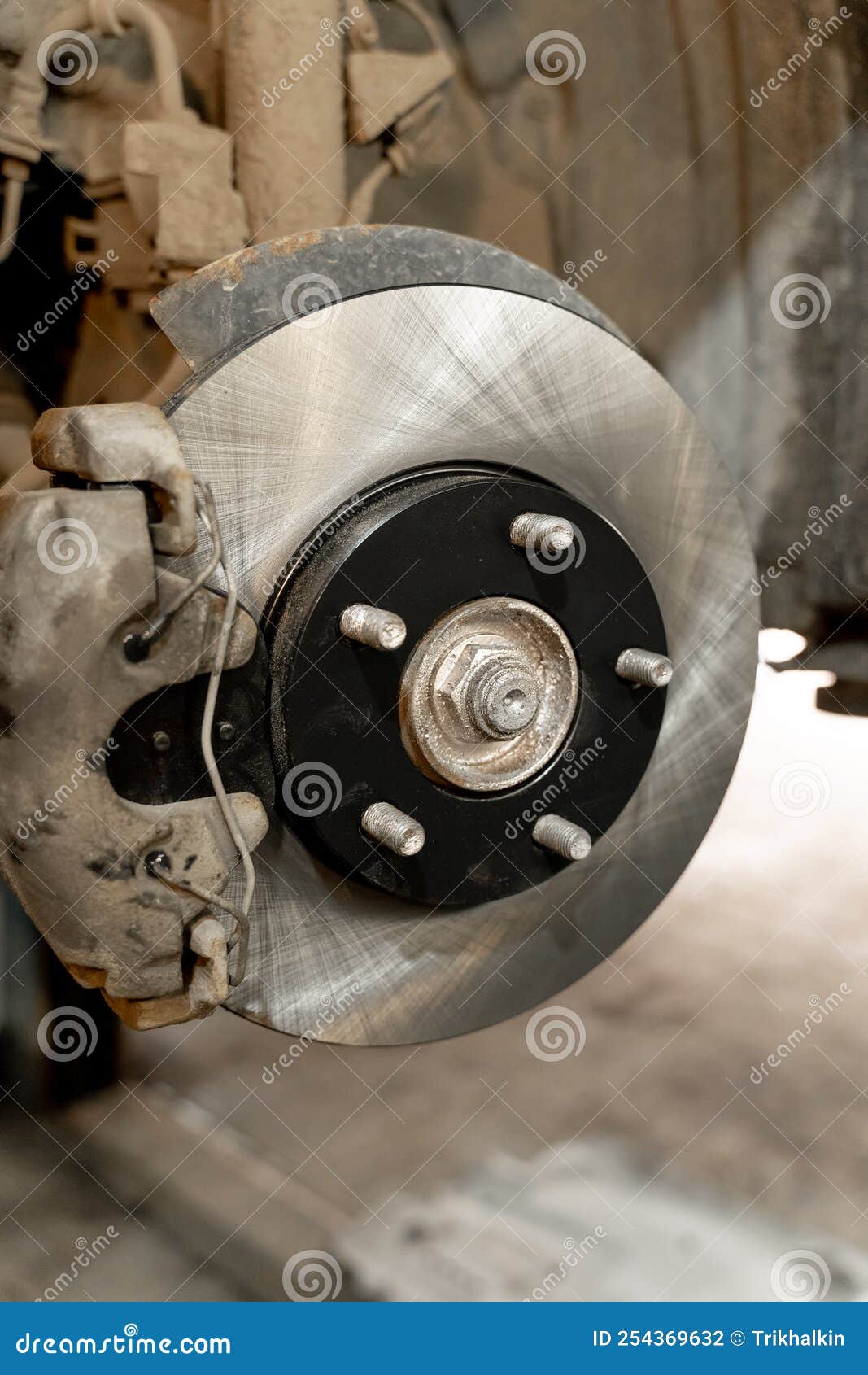 Disc Brake on a Car, Brake Disc Replacement in a Car Service. the Rim