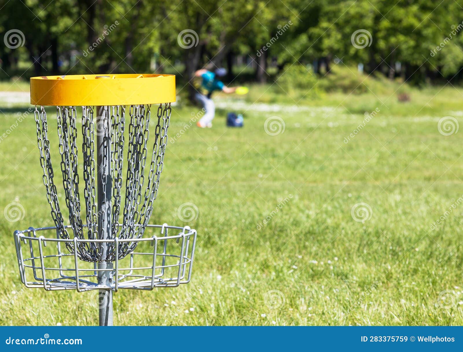Disc Golf Player Throwing a Flying Disc in the Public Park Stock Image