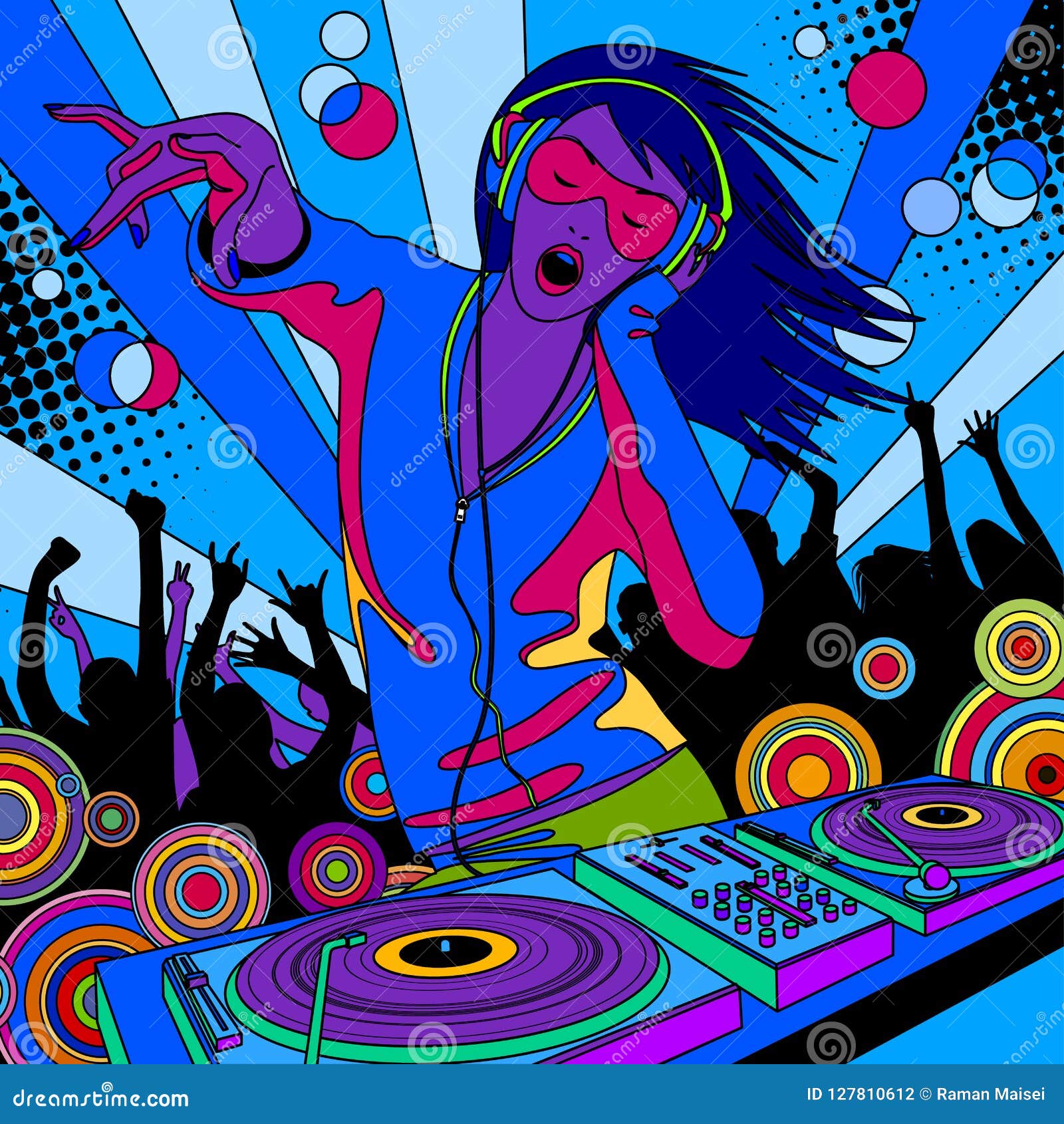 Disc Jockey Girl with a DJ Mixer and People Dancing at a Party Stock ...