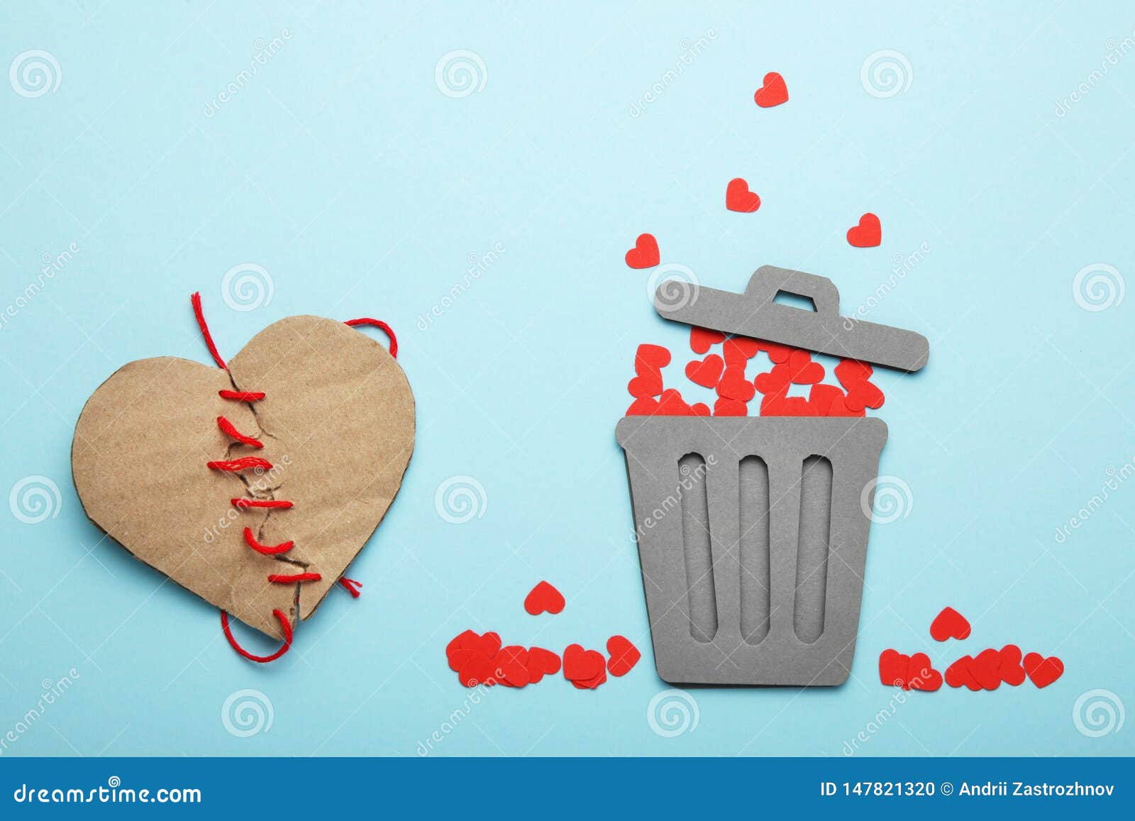 Discarded Heart and Relationship in Couple. Red Broken Hearts in Trash