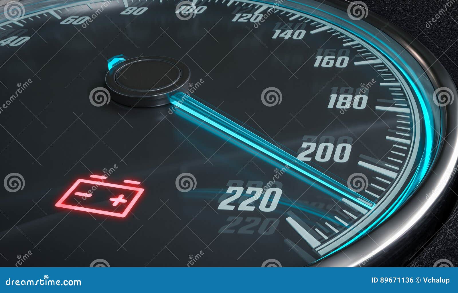 Discharged Battery Warning Light in Car Dashboard. 3D Rendered