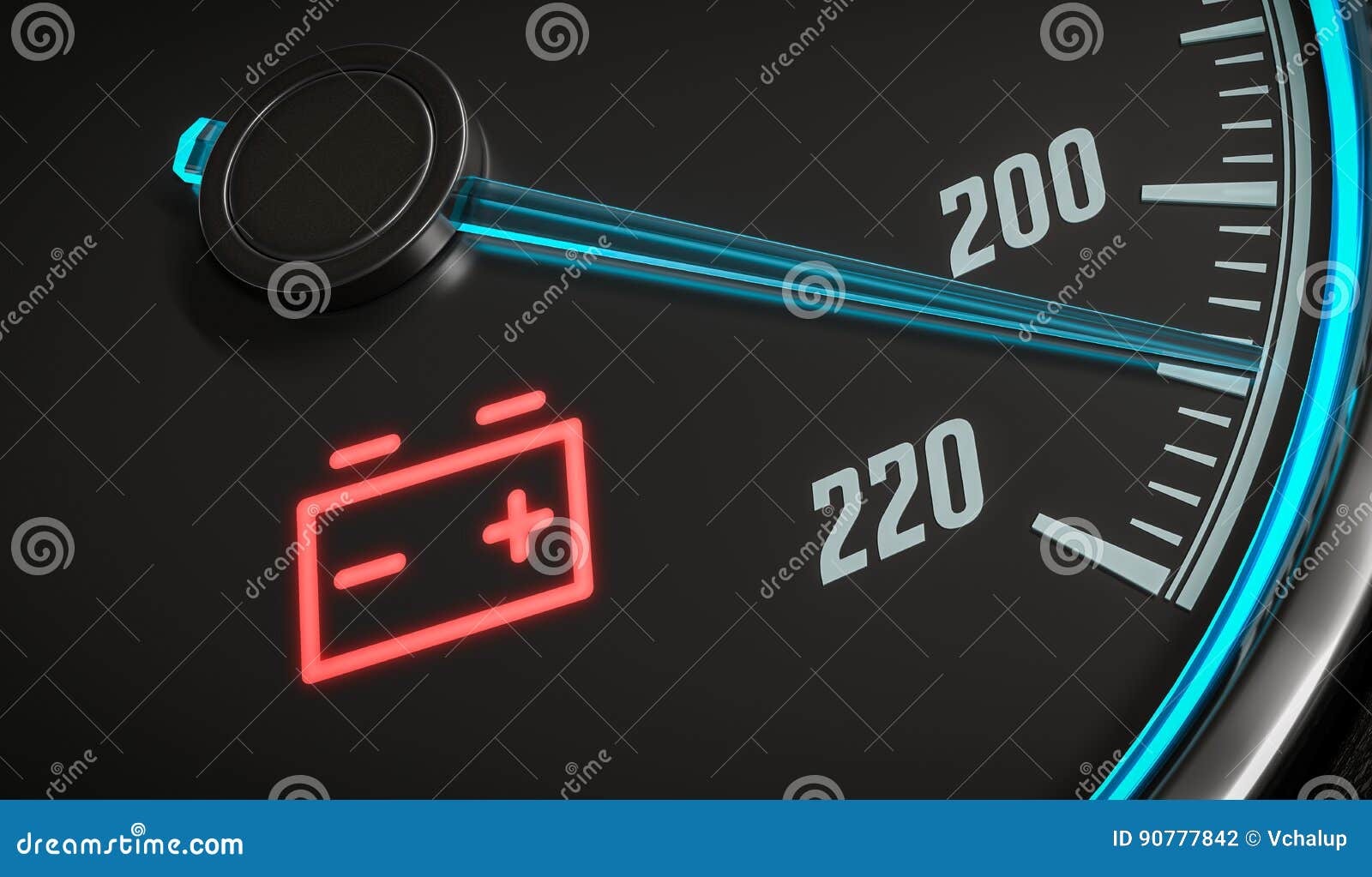Discharged Battery Warning Light in Car Dashboard. 3D Rendered