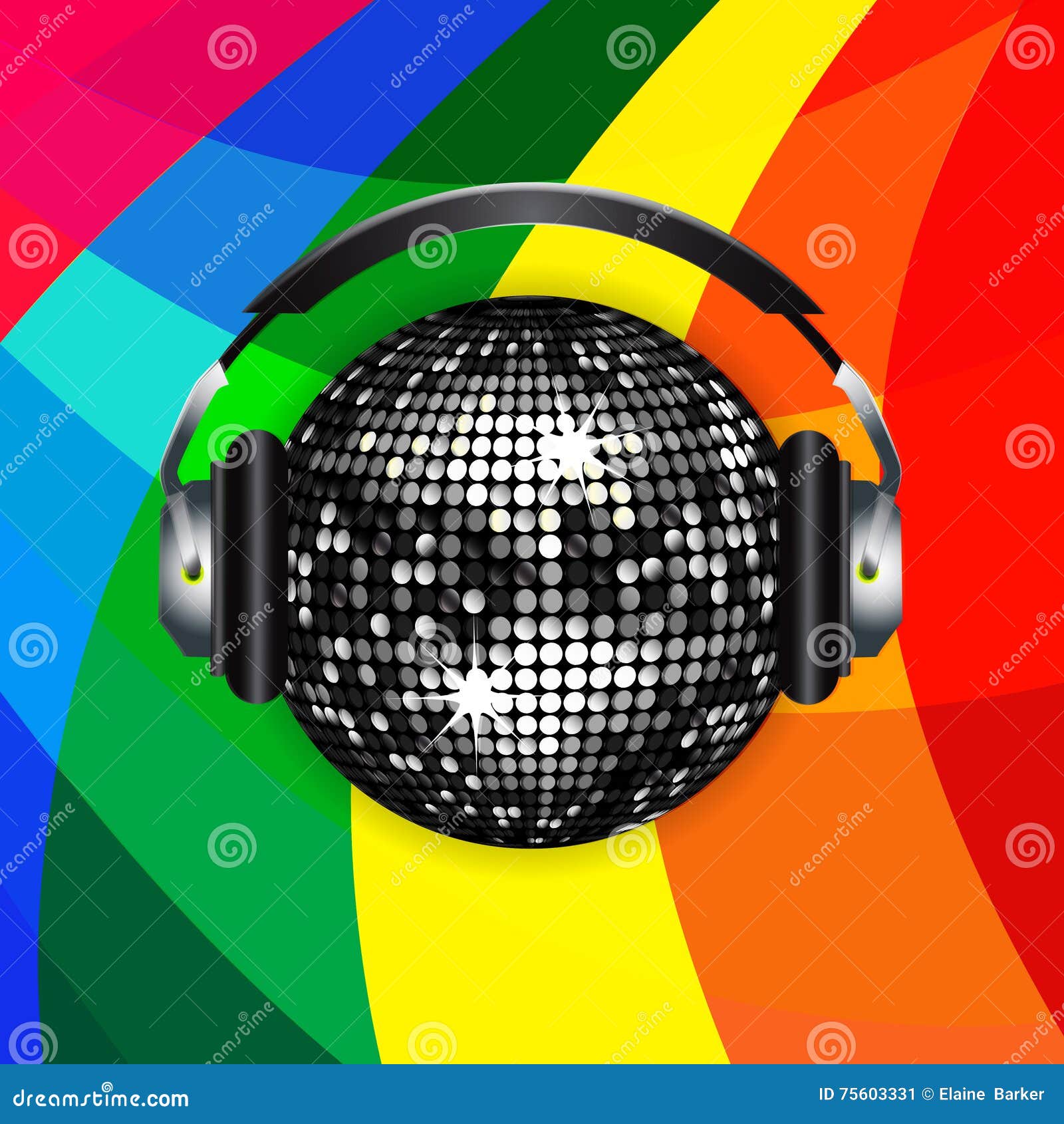 Disco Ball and Headphones Over Rainbow Background Stock Illustration