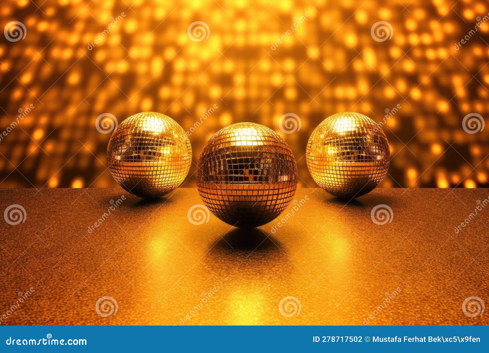 Disco Balls Image in Gold on Golden Background. Generative AI Stock