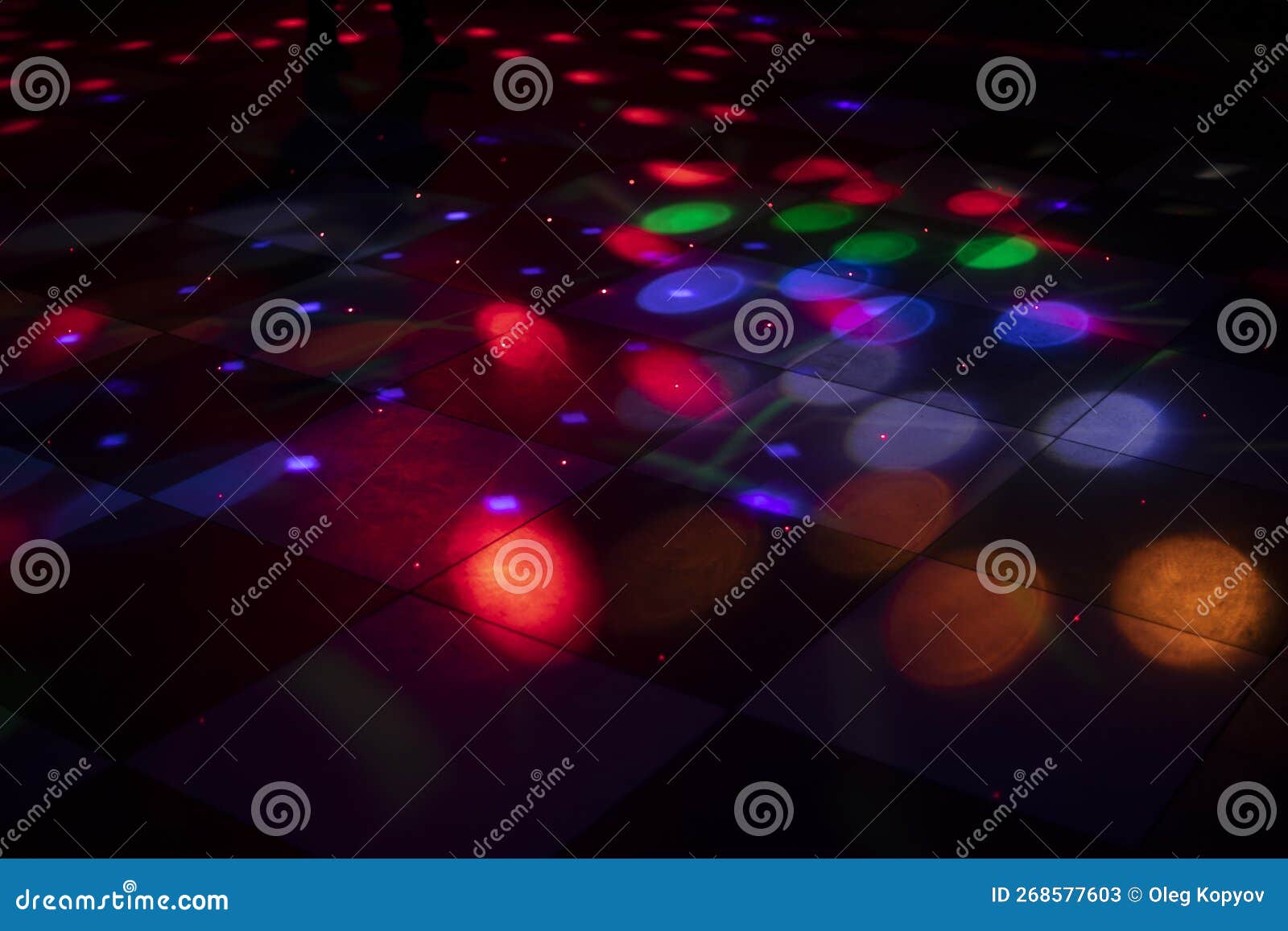 Disco Dance Floor. Light on Dance Floor. Colored Spots on Floor Stock