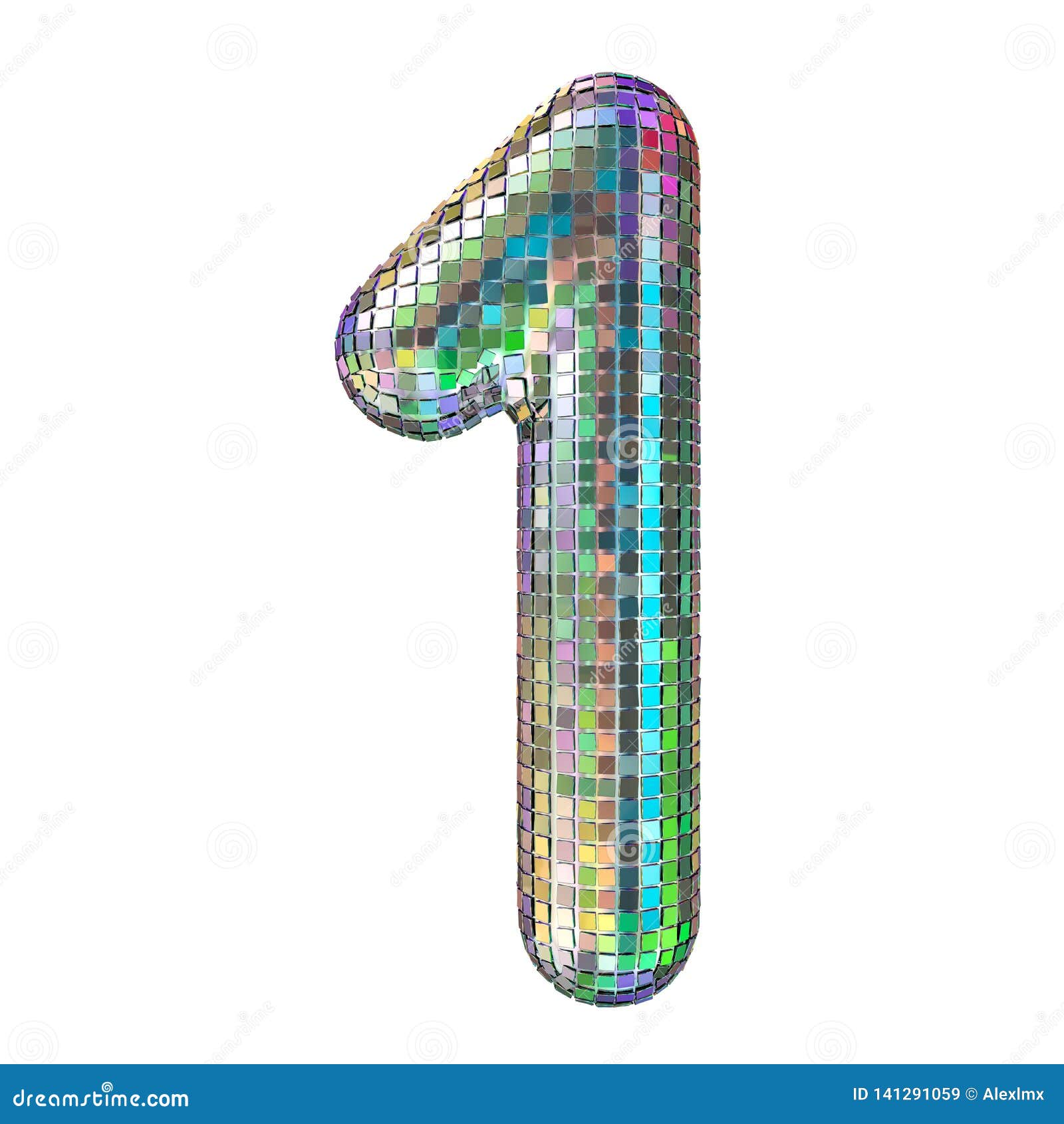 Disco Font, Number 1 from Glitter Mirror Facets. 3D Rendering Stock