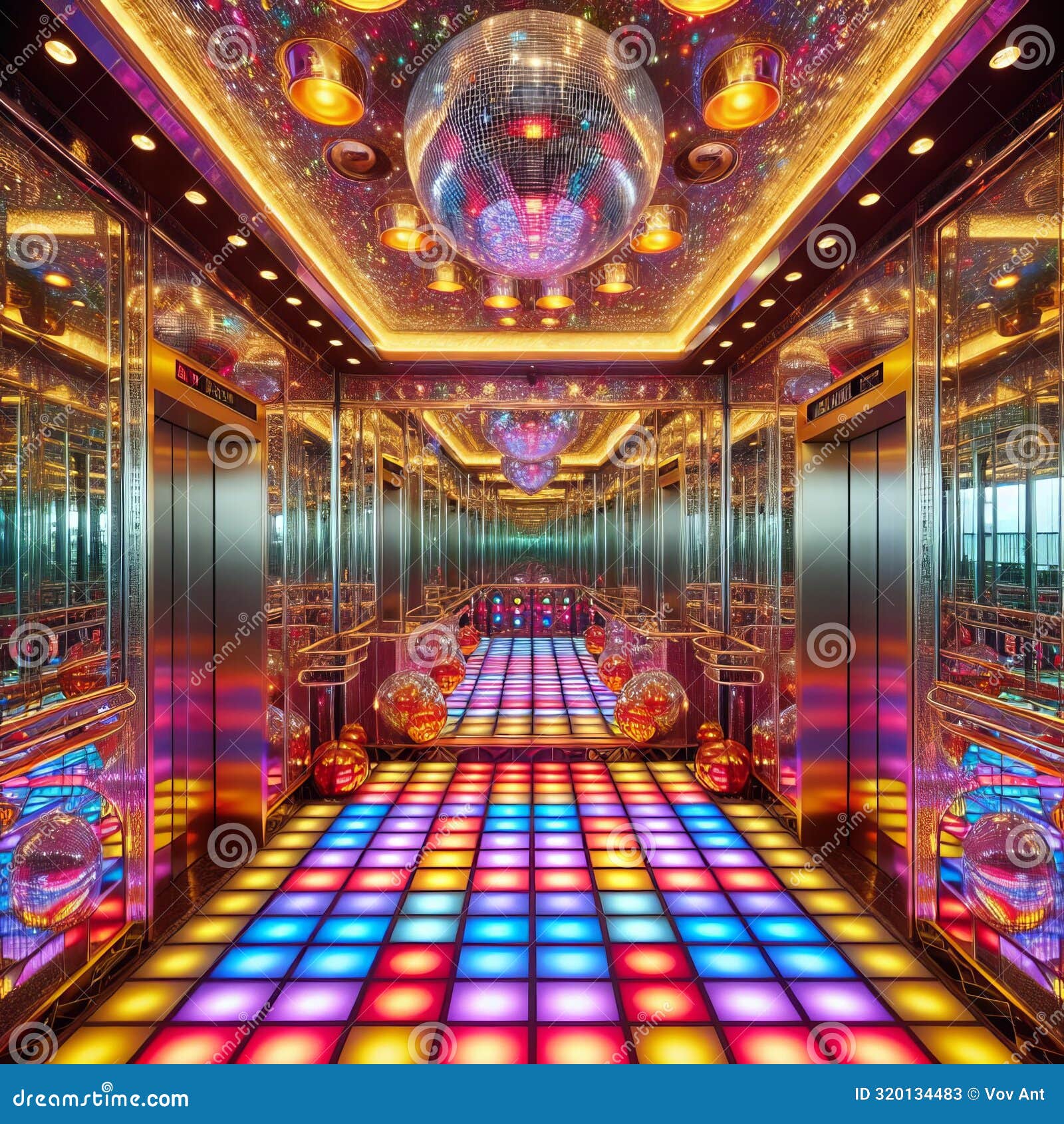 76 116. a disco-themed elevator with mirror walls, gli