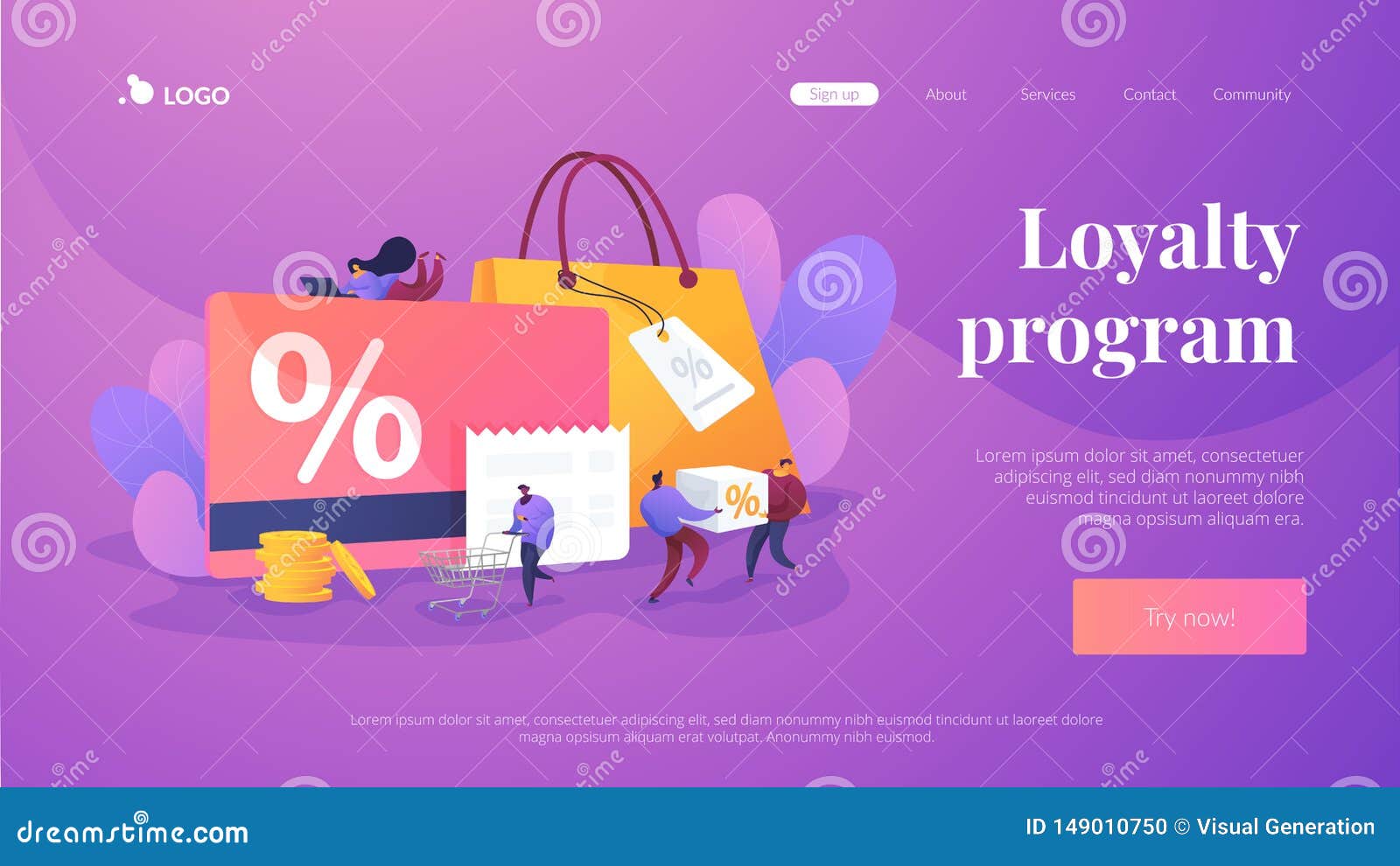 Discount and Loyalty Card Landing Page Template. Stock Vector