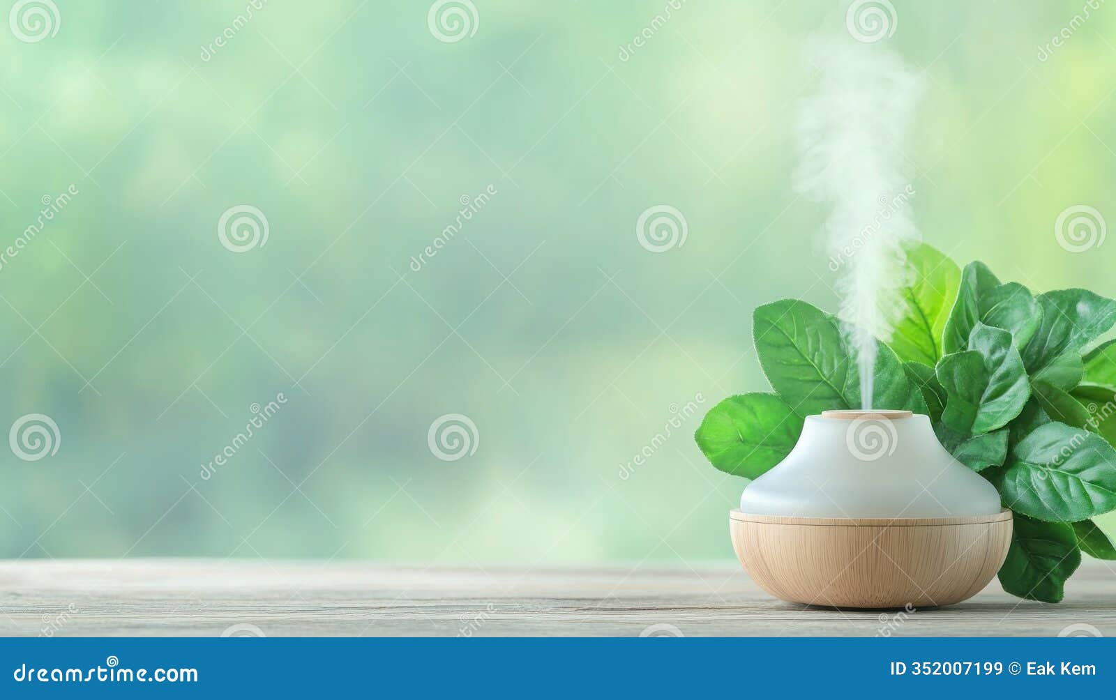discover serenity with this captivating scene showcasing a diffuser and lush green plants on a rustic wooden table, perfect for