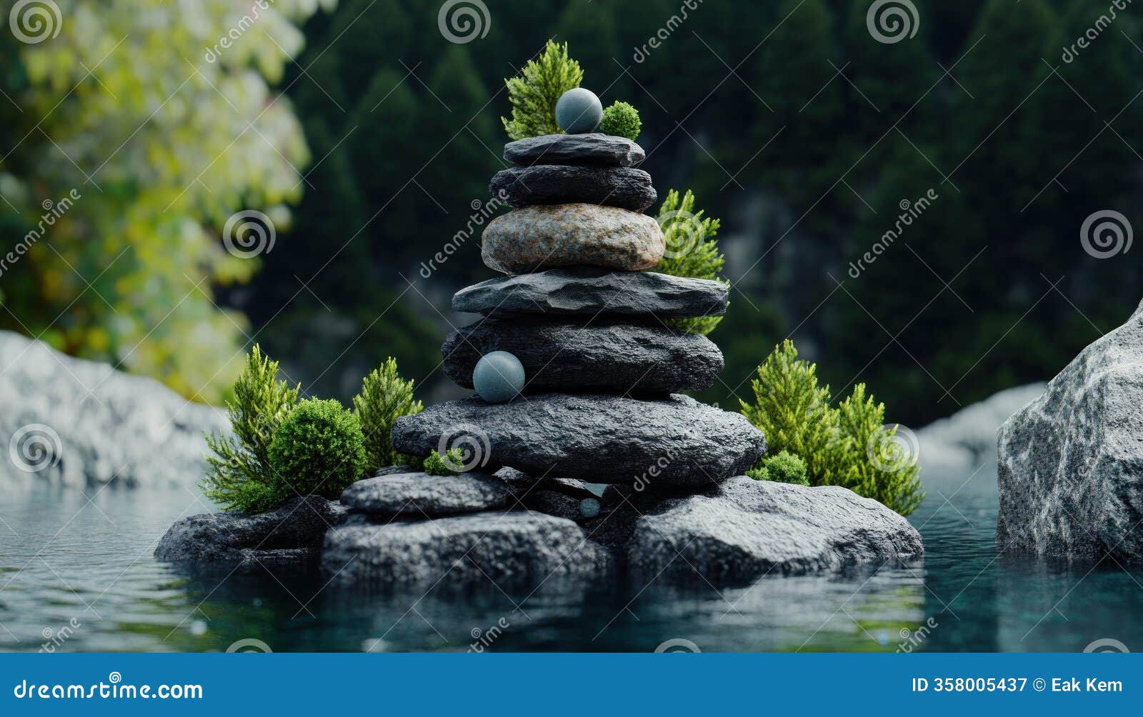 discover serenity with this image showcasing a calm yet inspiring scene of balance, with stacked stones and flowing water the